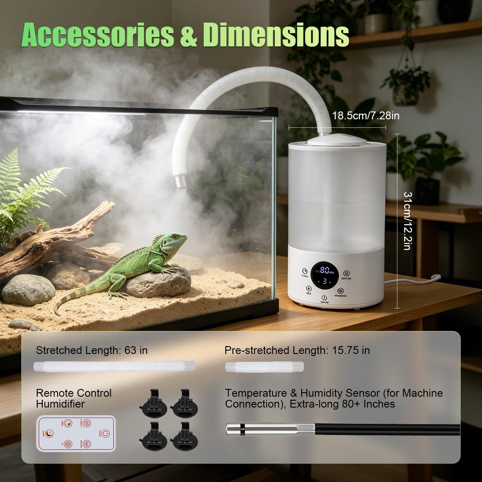 Umidificatore per rettili, 4 l, nebulizzatore per terrario con sensore di umidità, timer, doppio tubo estensibile, ultra silenzioso, grande macchina per nebulizzazione per rettili anfibi piante