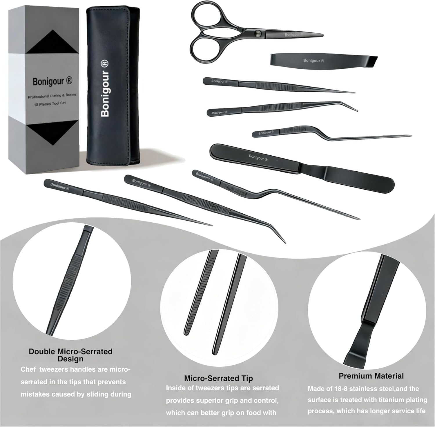 | Pastry Chef's Plating Tools Culinary Set | 10 Piece Professional Pastry Chef Plating Utensils | Spatula, Tweezers, Chef Scissors for Biscuit Decoration, Platig | Stainless Steel (Black)