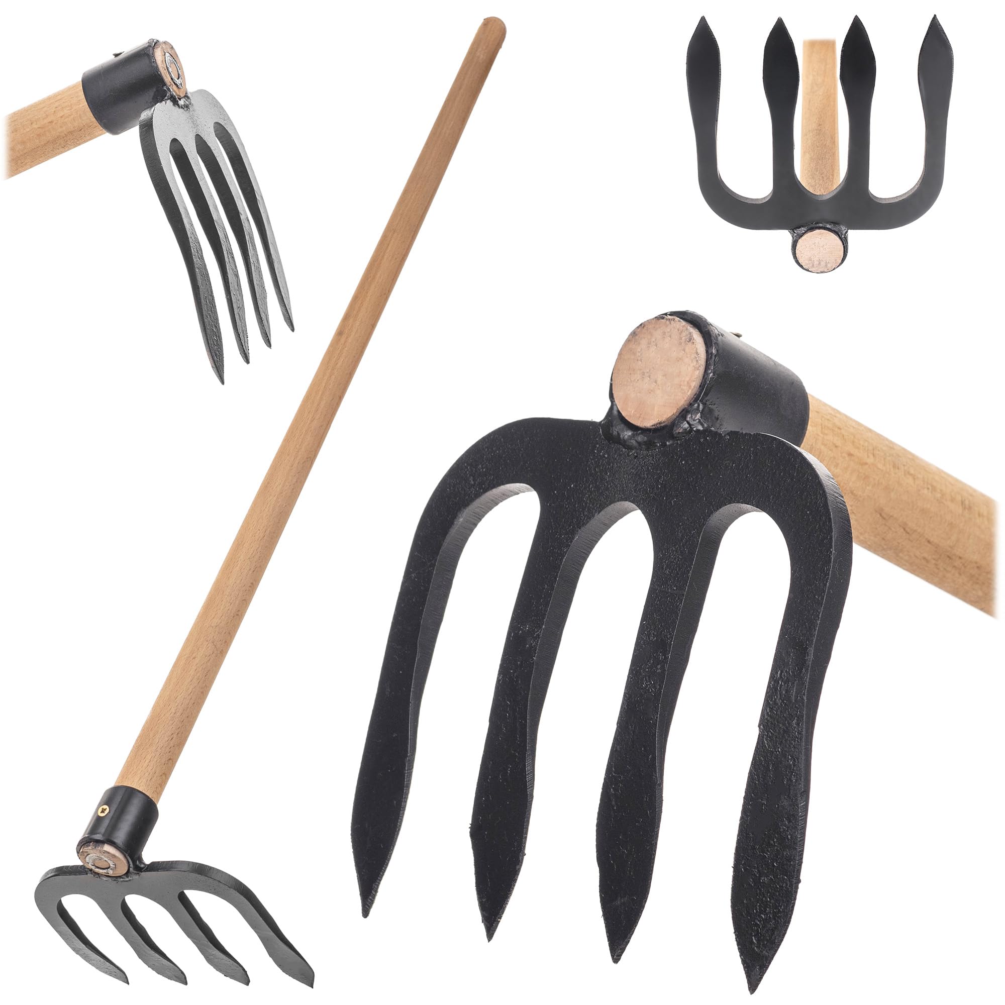 KADAX Talon de pommes de terre à 4 dents avec long manche en bois, talon de jardin en acier forgé, talon de fumier pour jardinage, hachoir pour jardin (avec tige)