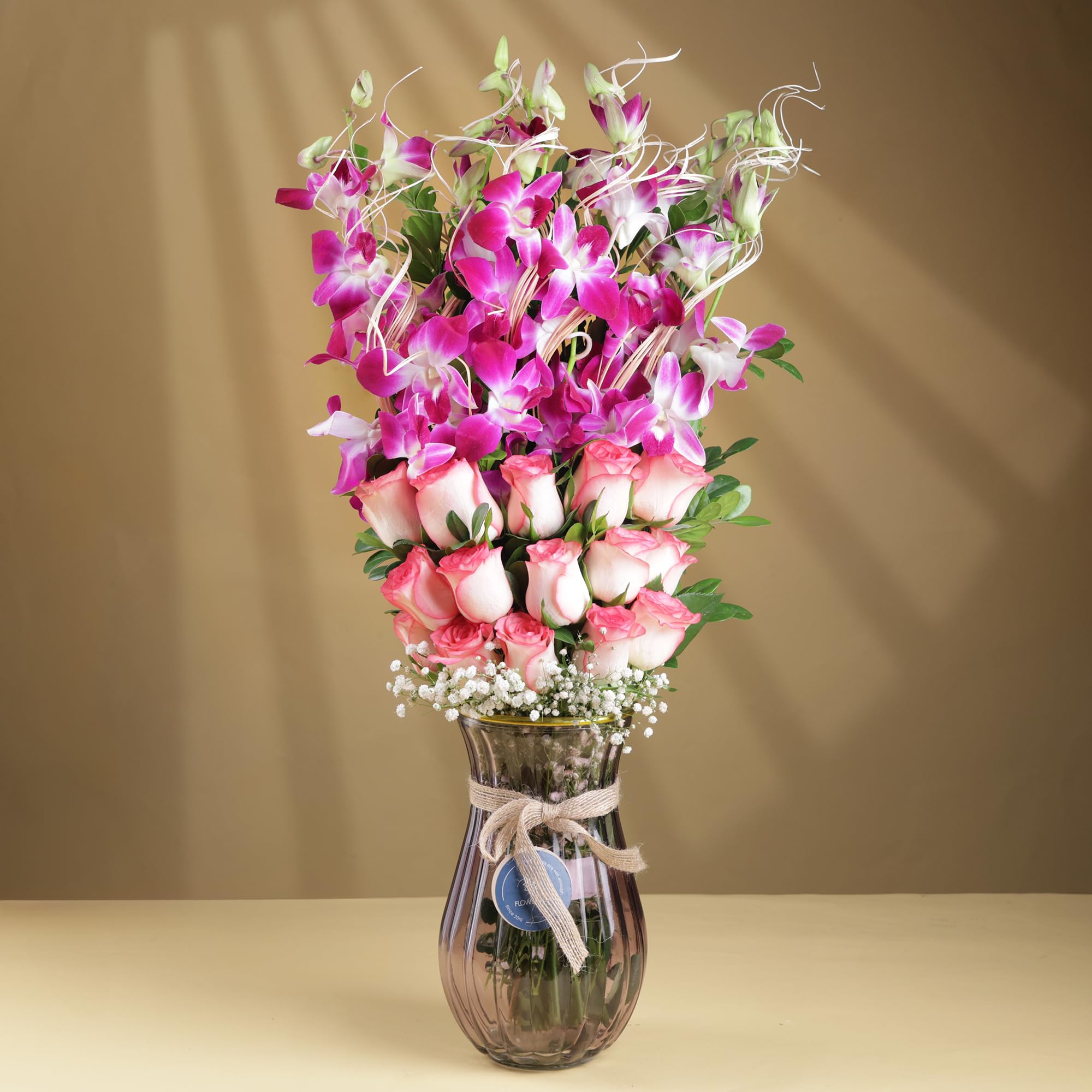 Fresh Live Flower Bouquet of 15 Pink Roses & 6 Purple Flower In Handi Vase For Birthday Gift, Anniversary Gift, Wedding Gift, Farewell Gift & Gift For Special Occasions (Same Day Delivery)-image-6