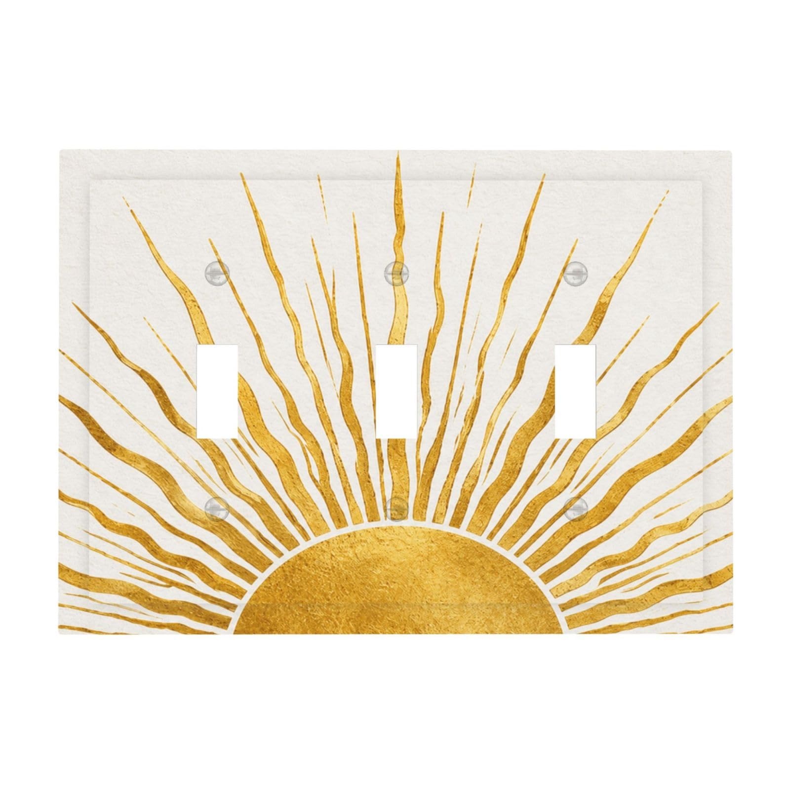 Xuejiaku Boho Gold Sun Decorative Light Switch Cover Plate Triple Toggle Switch Plate Covers 3 Gang Wall Plate Modern Abstract Gold Sunburst Outlet Covers Faceplate For Bedroom Home Decor