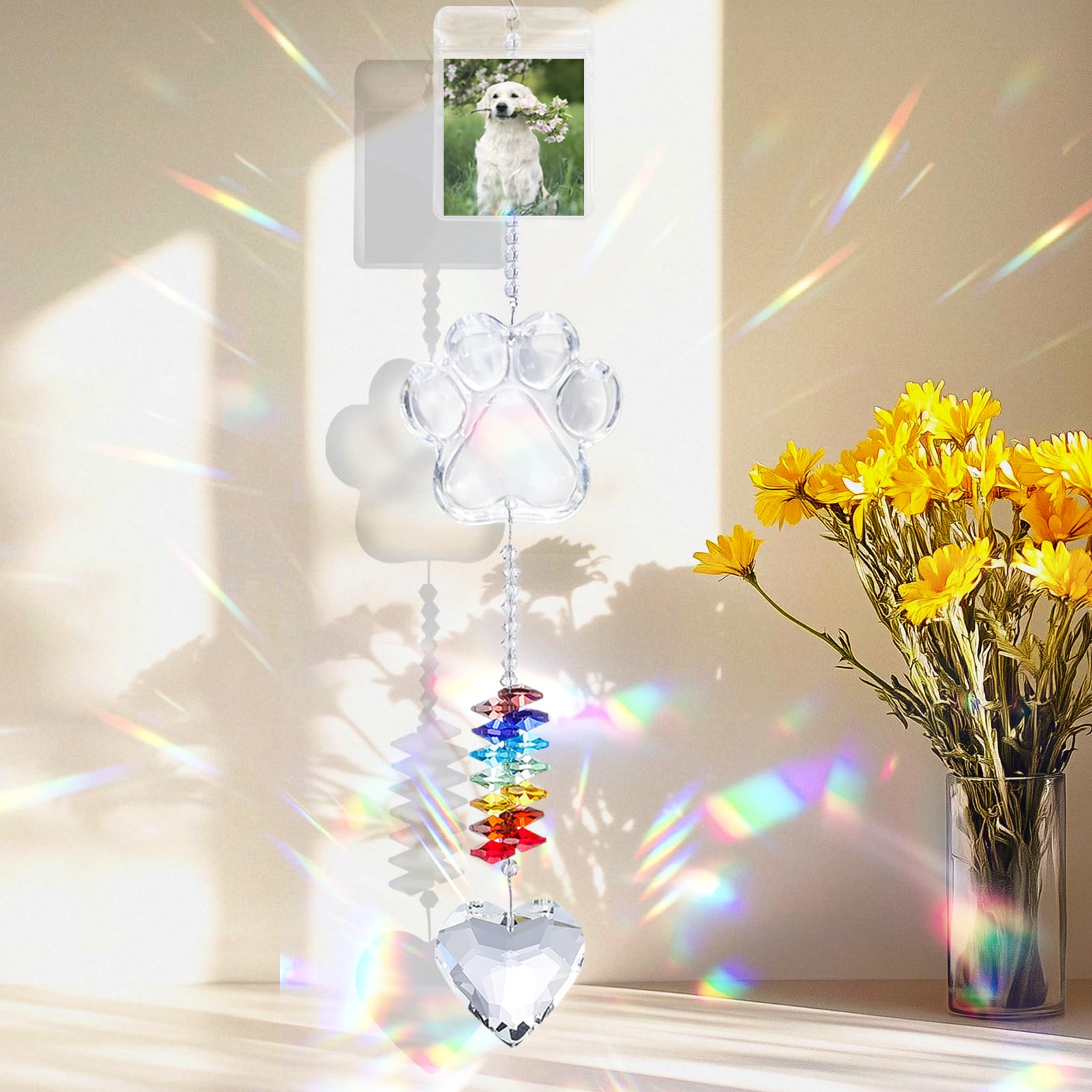 Rainbow Bridge Pet Memorial Gift, Pet Crystal Suncatcher with Photo Holder, Paw Print Pet Loss Remembrance, Sympathy Gift Keepsake for Dog & Cat Lovers, Healing Tribute for Furry Friends