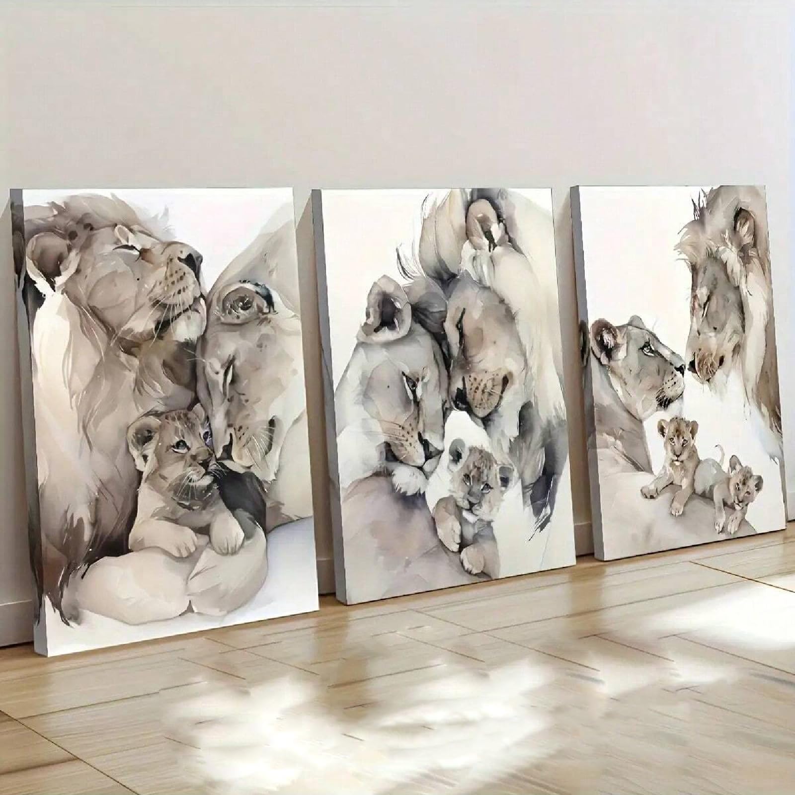 ZBELLO 3pcs/set Canvas Posters, 2D Flat, Lion Cub & Parents Canvas Prints, Watercolor Lion Family Wall Art, Neutral Tones Wildlife Decor for Living Room Bedroom, Unframed (40x50cm)