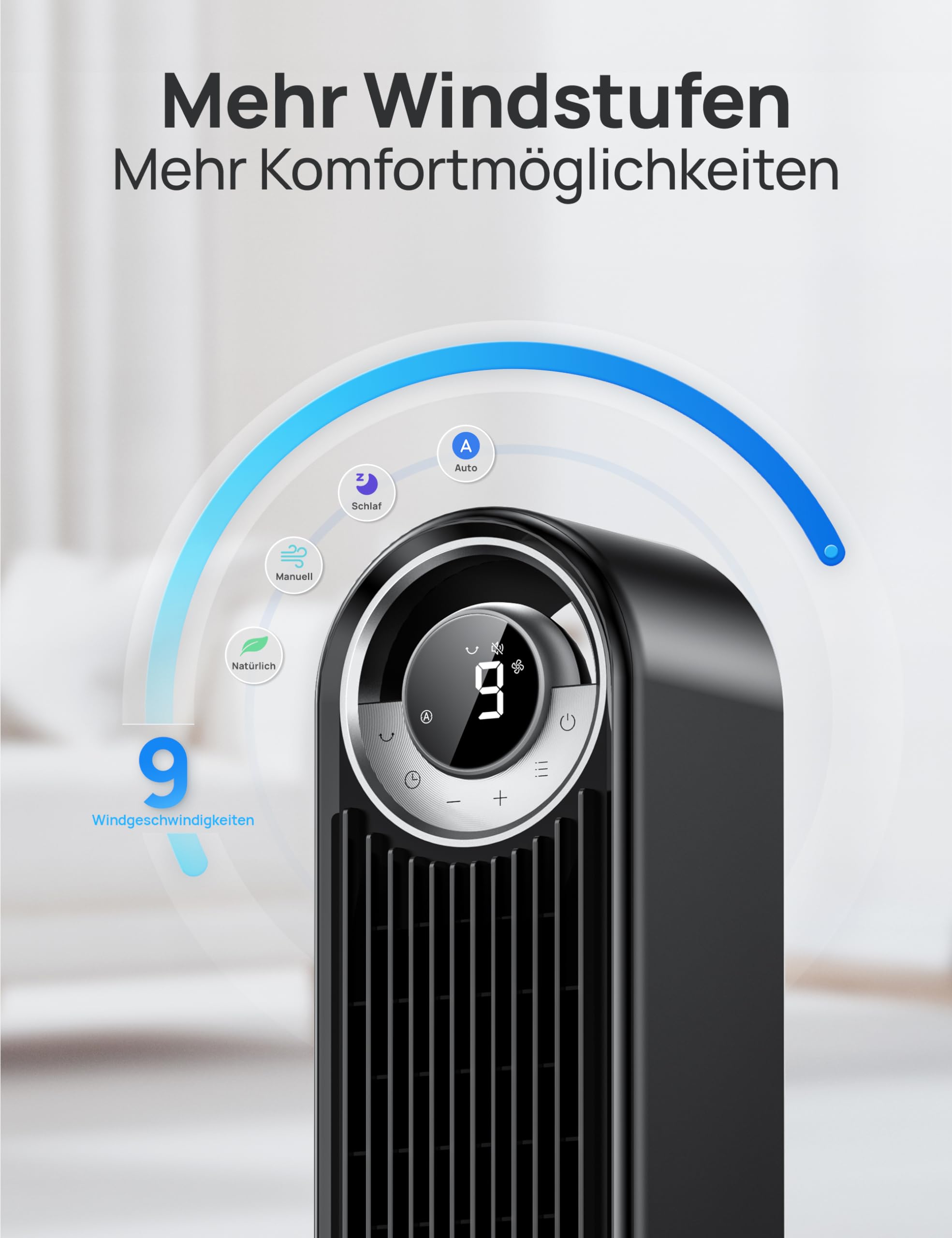 DREO Cruiser Pro T2S Leiser Smart Turmventilator, 106cm, 9-Geschwindigkeit, 12H Timer, 90° Oszillierend, Schwarz