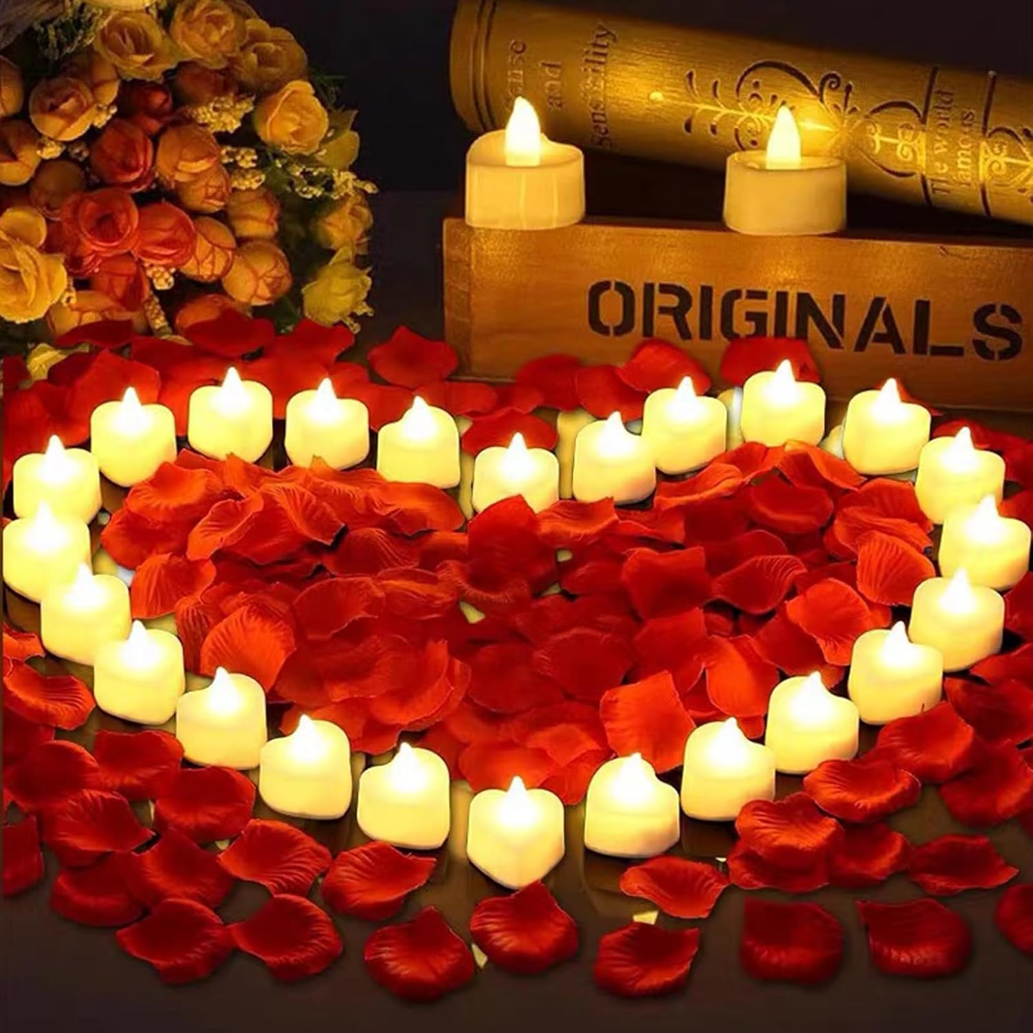 Pack of 24 Heart Shape LED Tea Lights 2000 Pieces Artificial Rose Petals Heart-Shaped Flameless Candles - Heart Romantic Tea Lights Suitable for Wedding Decoration for Valentines Day