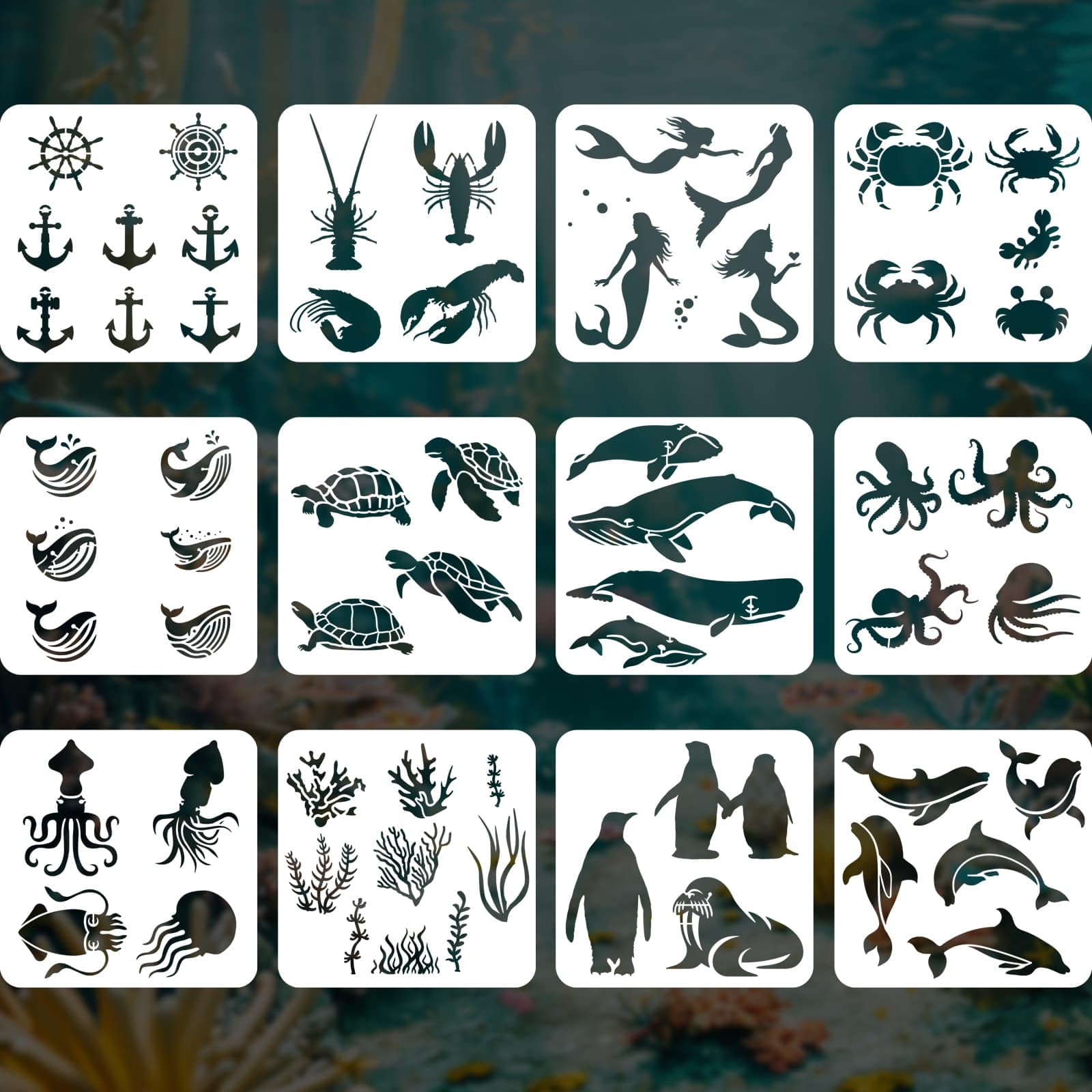 YKW 12 Pcs Sea Life Stencils Set, Reusable Marine Creatures Painting Templates for DIY Ocean Crafts, Nautical Decor, for Wood Walls Chalkboards Rocks