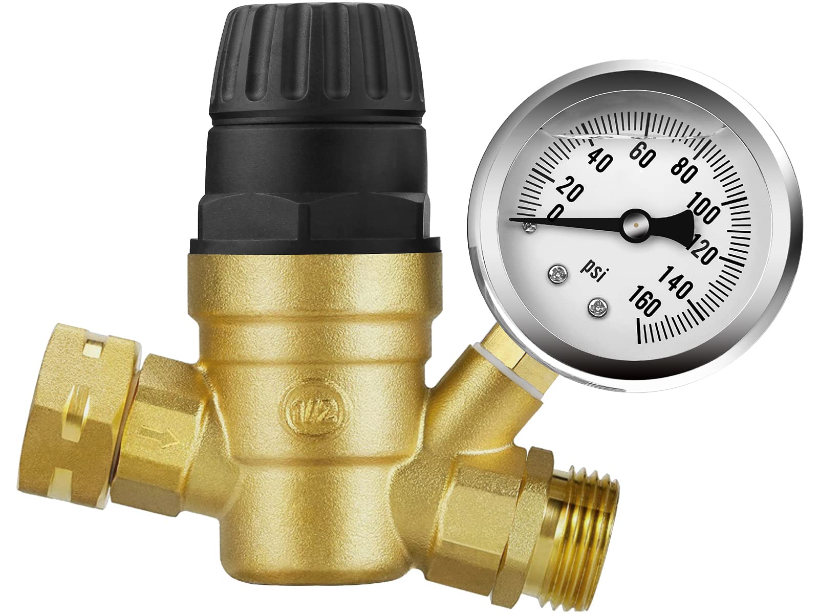 iTANSO Handle Adjustable RV Water Pressure Regulator Valve, Brass Lead-Free Reducer with Gauge 160PSI and 2 Inlet Screened Filters for RV Camper, Travel Trailer, or Garden