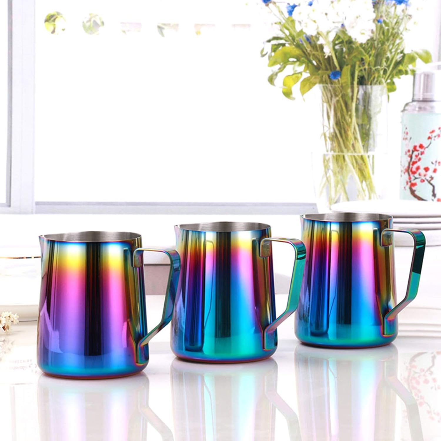 Milk Frothing Pitcher Jug for Latte Art Rainbow Color Coffee Mugs Stainless Steel Milk Steaming Frother for Espresso, 350/600/900ml