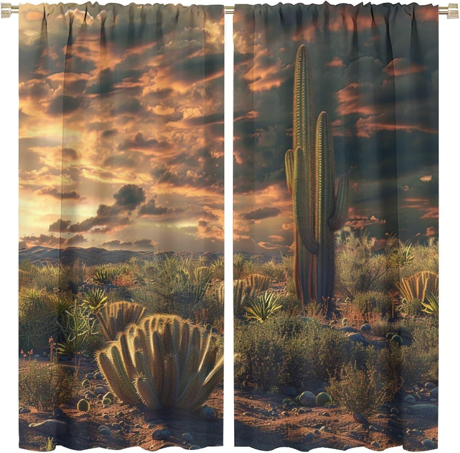 Western Desert Scenery Blackout Curtains for Bedroom/Living Room, Sunset Cactus Plants Thermal Insulated Curtains Rod Pocket Window Drapes, 2 Panels/Each 42" W x 84" L