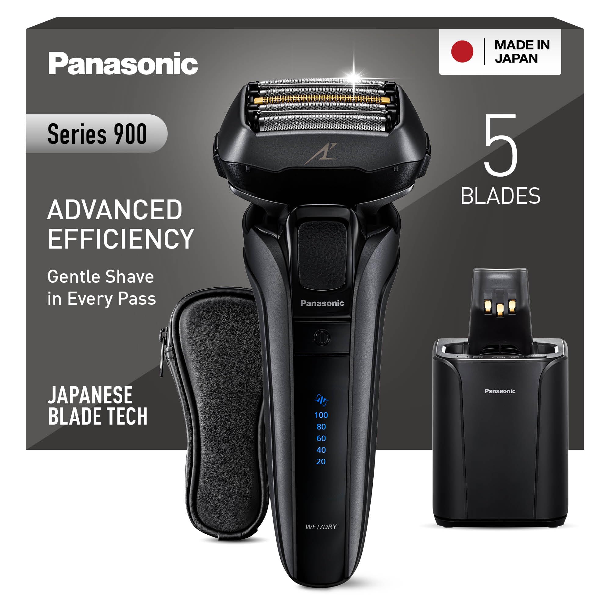 Panasonic Series 900 Premium Nass- und Trocken Rasierer ES-LV9U, 5-fach-Scherkopf mit Linearmotor und Bartdichtensensor Technologie, Pop-up Trimmer, inklusive Reinigungs- und Ladestation, schwarz