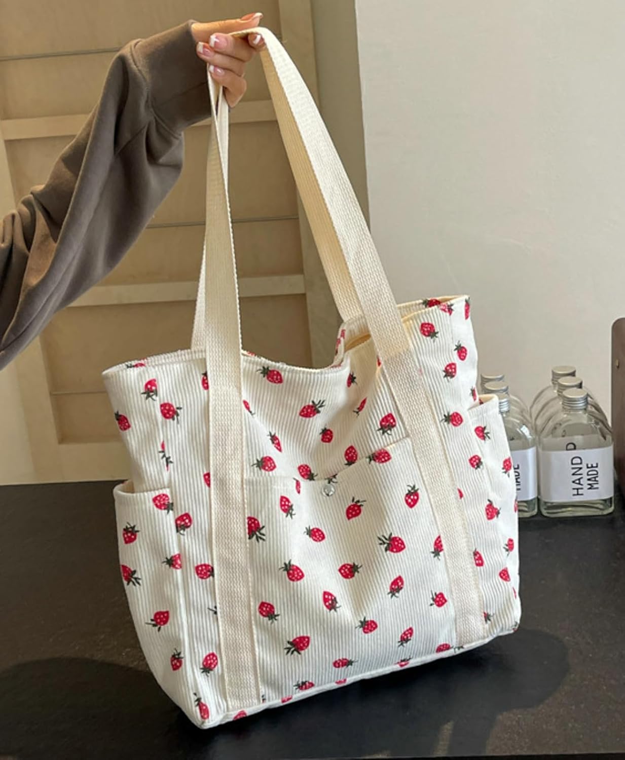 Cute Strawberry Shoulder Tote Bag Women 2025 Corduroy Book Handbag Square Purse Multiple Pockets College - Image 2