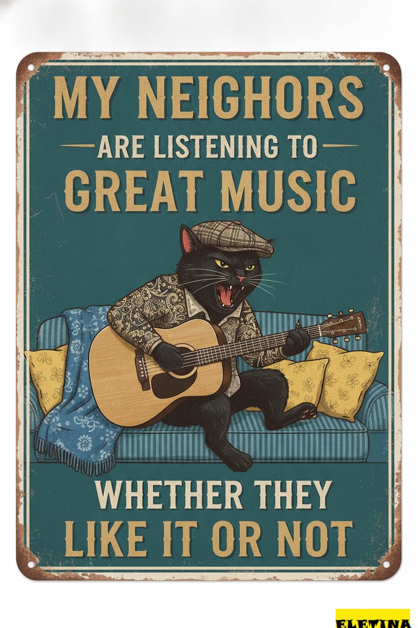 Cat Guitar Good Music Tin Sign, 8x12 Inch Home Decor