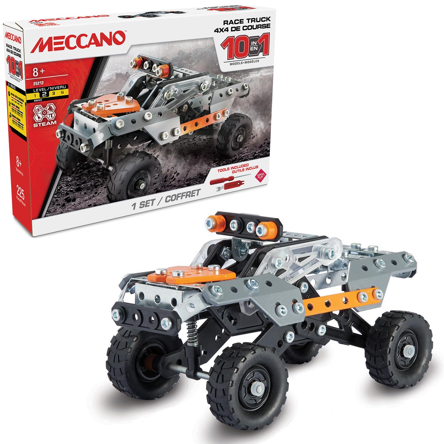 BANDAI – Meccano 4x4 de Course 10 en 1 – Coffret de Construction 10 Modèles – 225 pièces, Outils, Notice – Kit Activité Assemblage Race Truck Voitures de Course – Jouet Enfant 8 Ans et + - APM11115