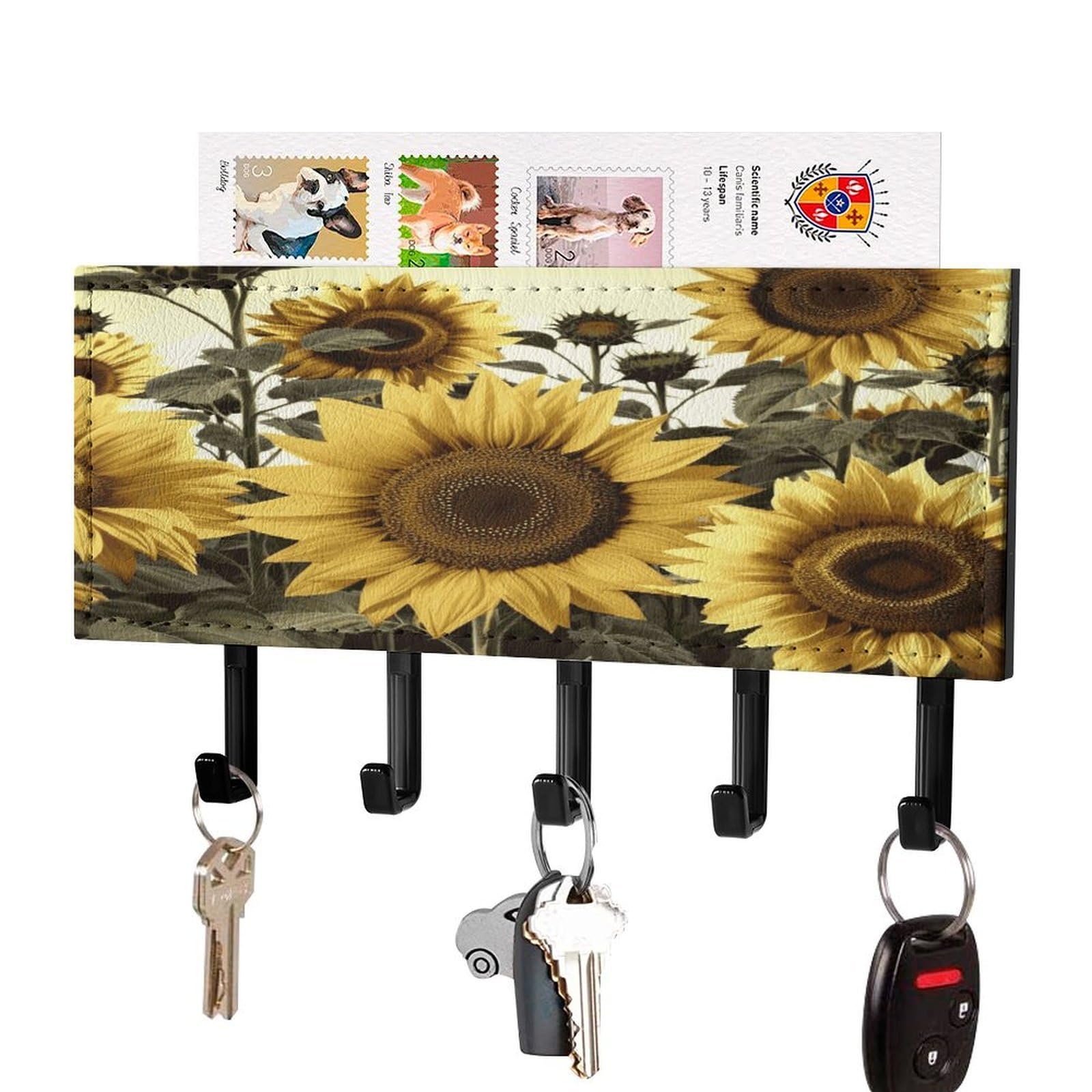 LDGSUPH Yellow Sunflower Floral Key Holder Wall Mount Key Hanger with 5 Hooks Fashion Key Organizer Rack Hanging Key Hooks with Mail Organizer Key Rack for Home Entryway Hallway Black-Style