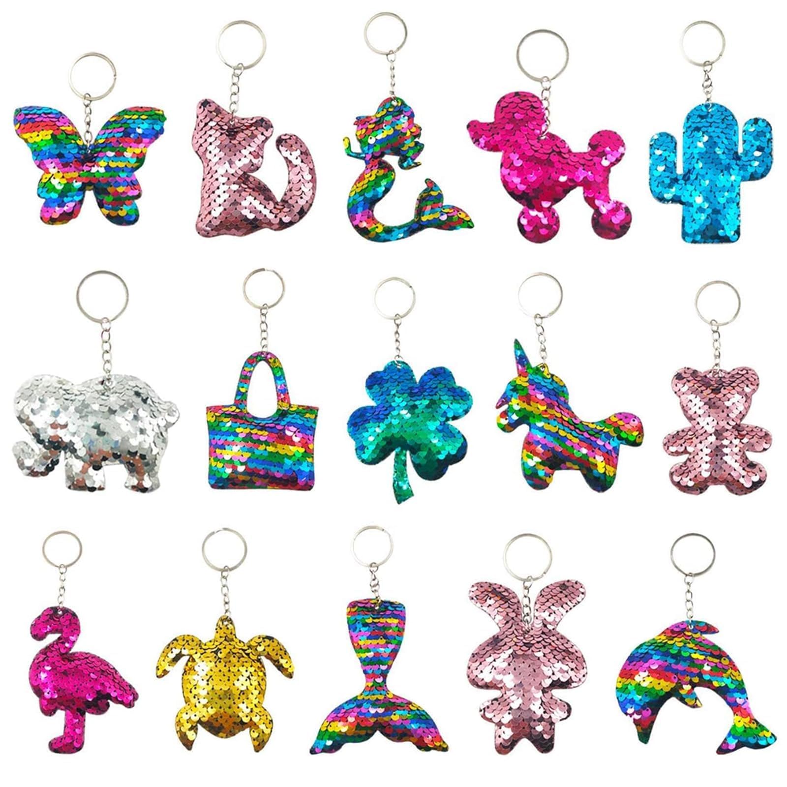 GuassLee 15Pcs Flip Sequin Keychain for Kids Girls Party Favors, Backpack Unicorn Mermaid Keychains Bulk for Kids Classroom Carnival Prizes Goody Bag Stuffers Easter Presents Birthday Party Gifts