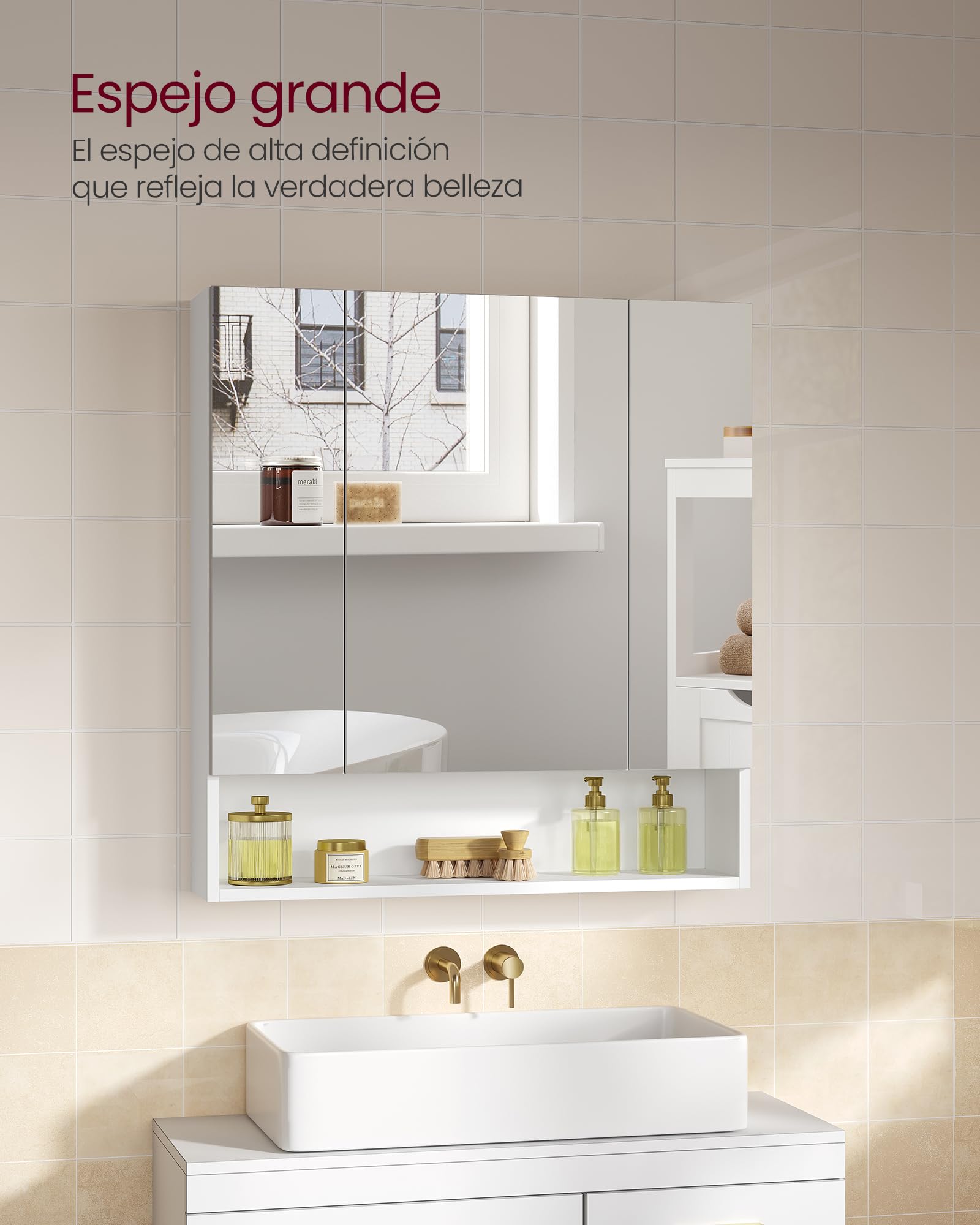 VASAGLE Kailyn Colección - Armario de Baño con Puertas de Espejo, Armario de Pared de Baño, Armario de Pared con Espejo, Estantes Ajustables, 16,5 x 70 x 75 cm, Blanco Nube BBK129W01V1