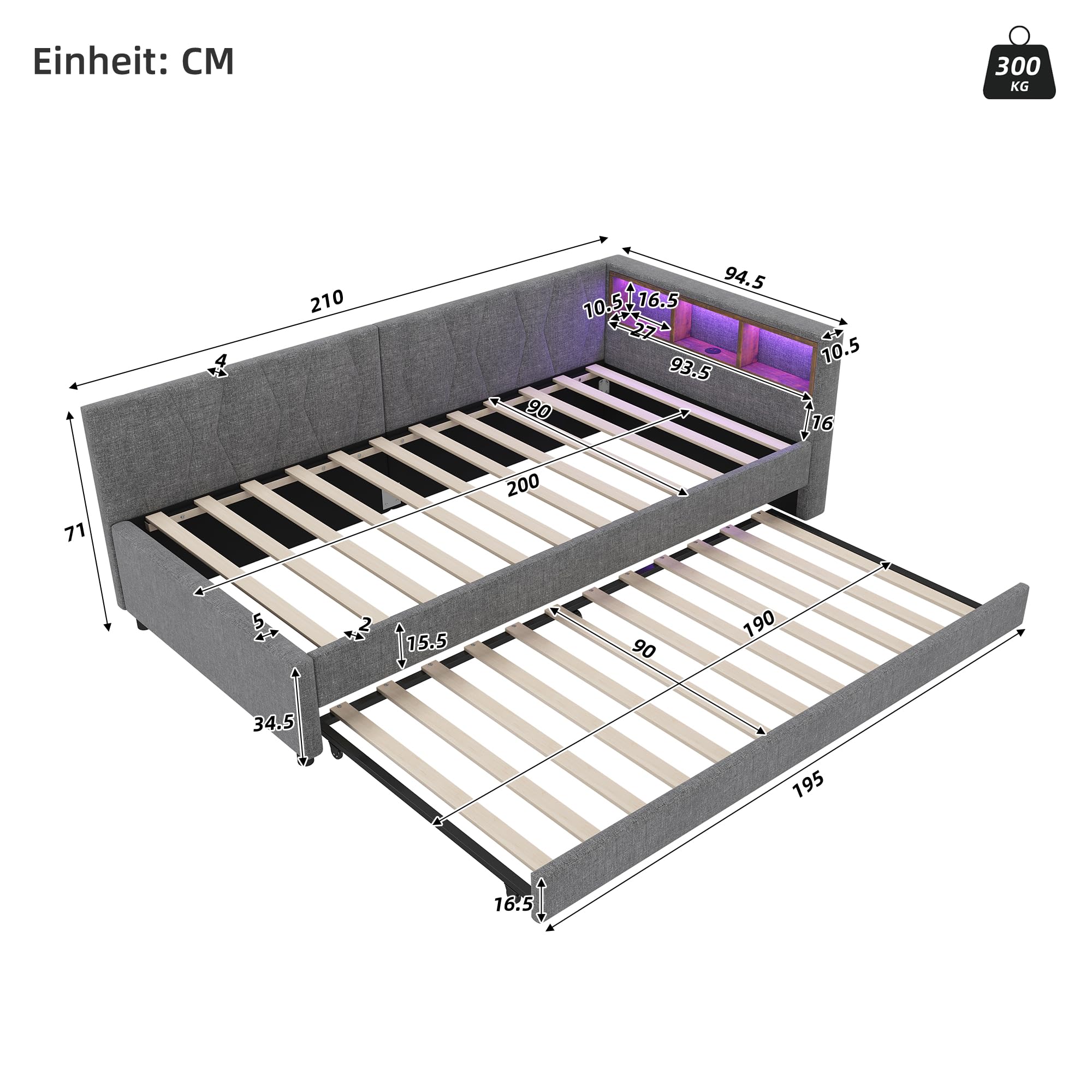 Dolamaní Łóżko tapicerowane 90 x 200 cm, z diodami LED i USB + typ C, łóżko ze stelażem i łóżkiem wysuwanym, dla dzieci, łóżko młodzieżowe, łóżko funkcyjne, łóżko pojedyncze, lniane, bez materaca