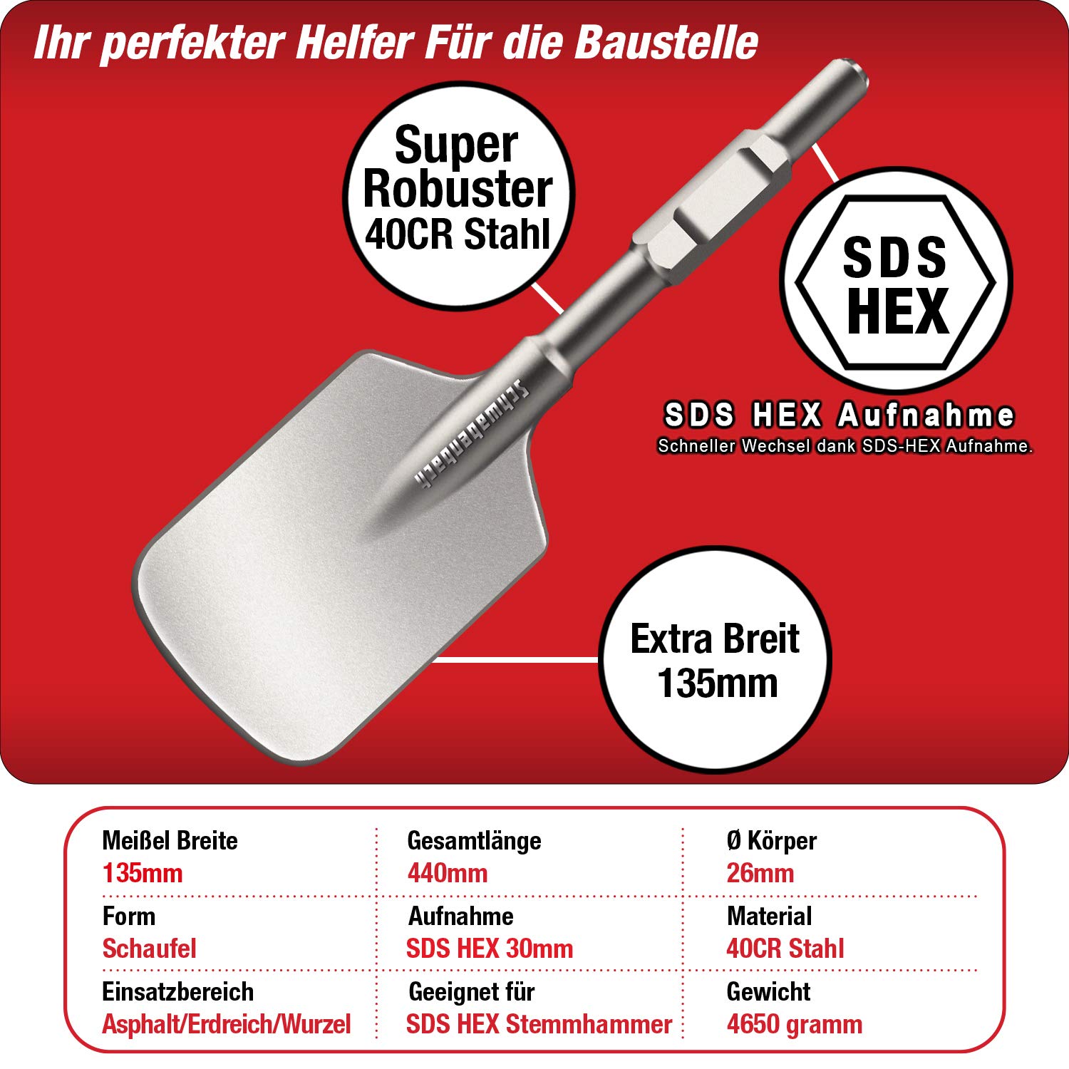 SCHWABENBACH® SDS HEX Cincel de 135 x 440 mm - Ideal para Desmontar | Cincel Albañil - Cincel para Martillo Percutor - Cincel SDS