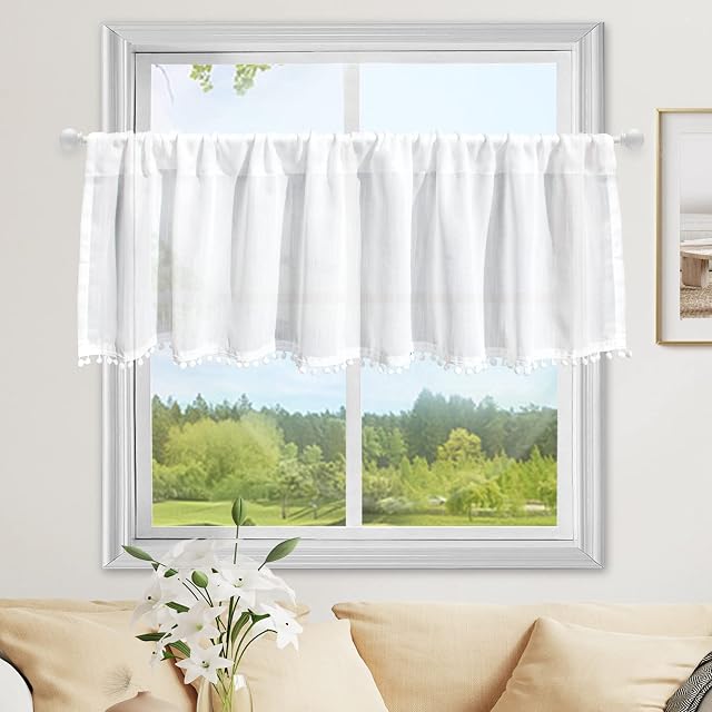 choicehot Valance for window Kitchen Cafe Valance Privacy Protected Half Curtain with Pompom 40cm Drop Rod Pocket Sheer Net Curtain Decorate Bedroom Living Room Balcony Window,(40x150cm/15 x59)