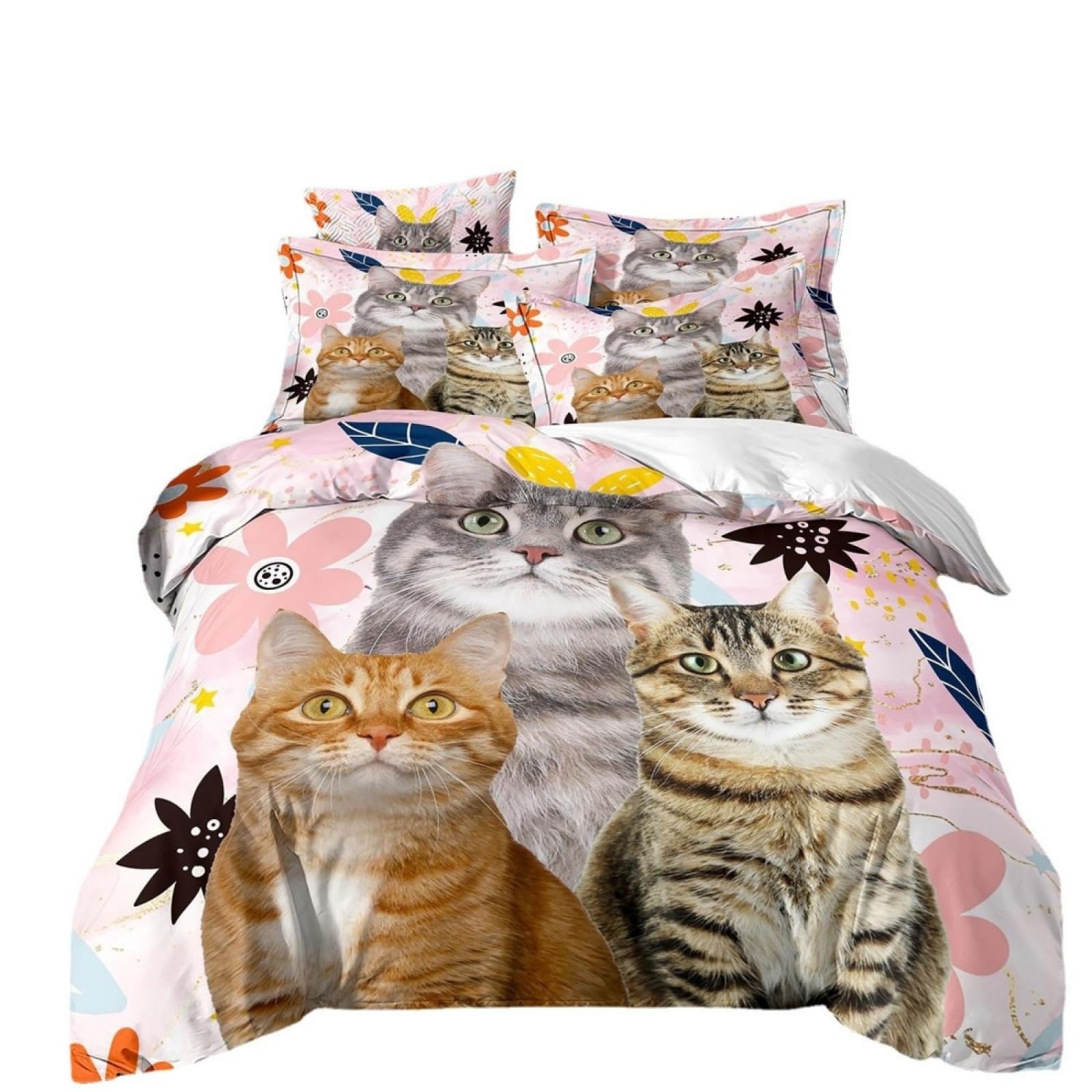 Double Duvet Set Pink Cat Flower Bedding Double Bed Set