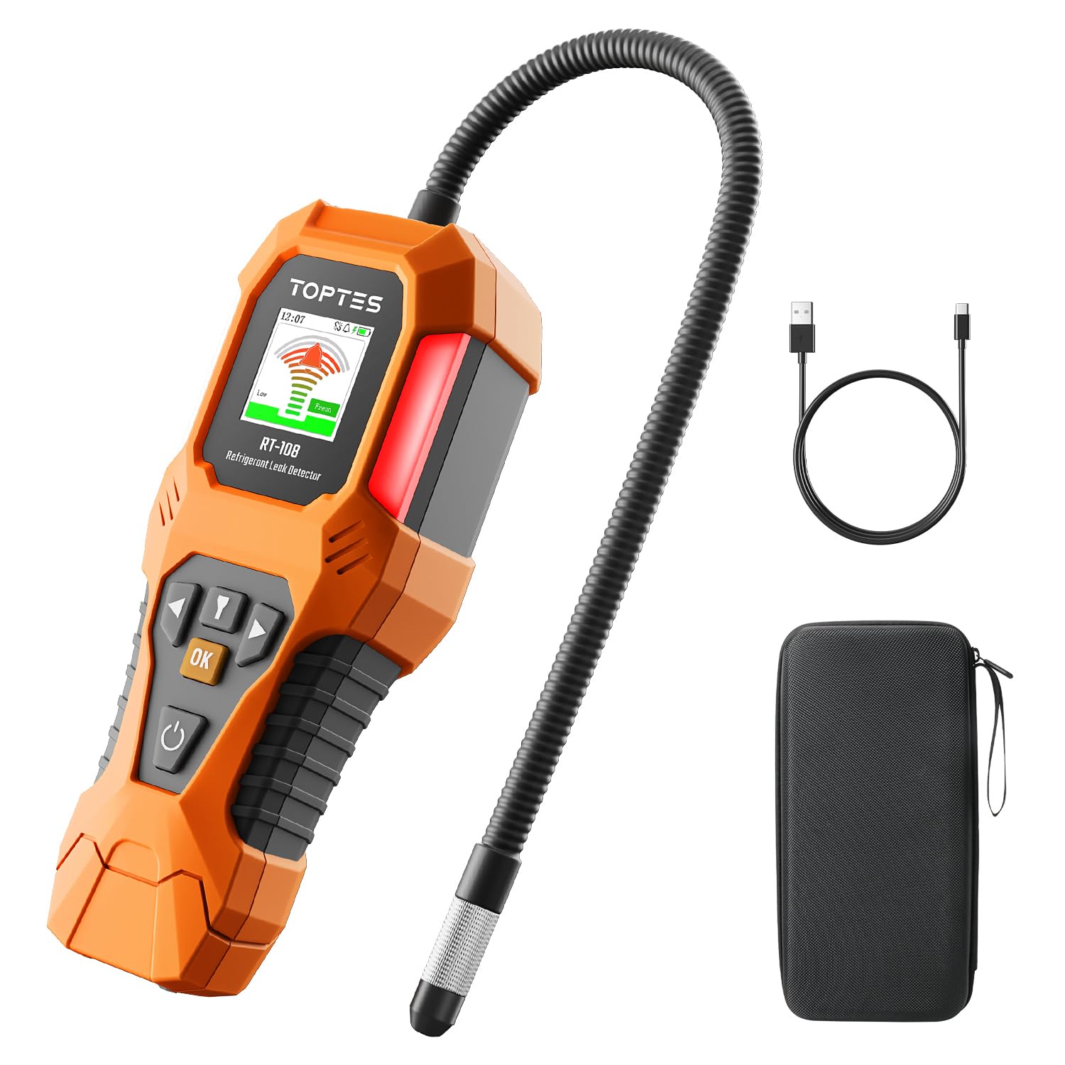 TOPTES RT-108 Kältemittel-Leckdetektor, HVAC Freon-Lecksuchgerät mit Halogen-Ionisationssensor, Klimaanlagen-Lecksuche mit 3 Empfindlichkeitsstufen für R134a, CFCs, HCFCs, HFCs – Orange