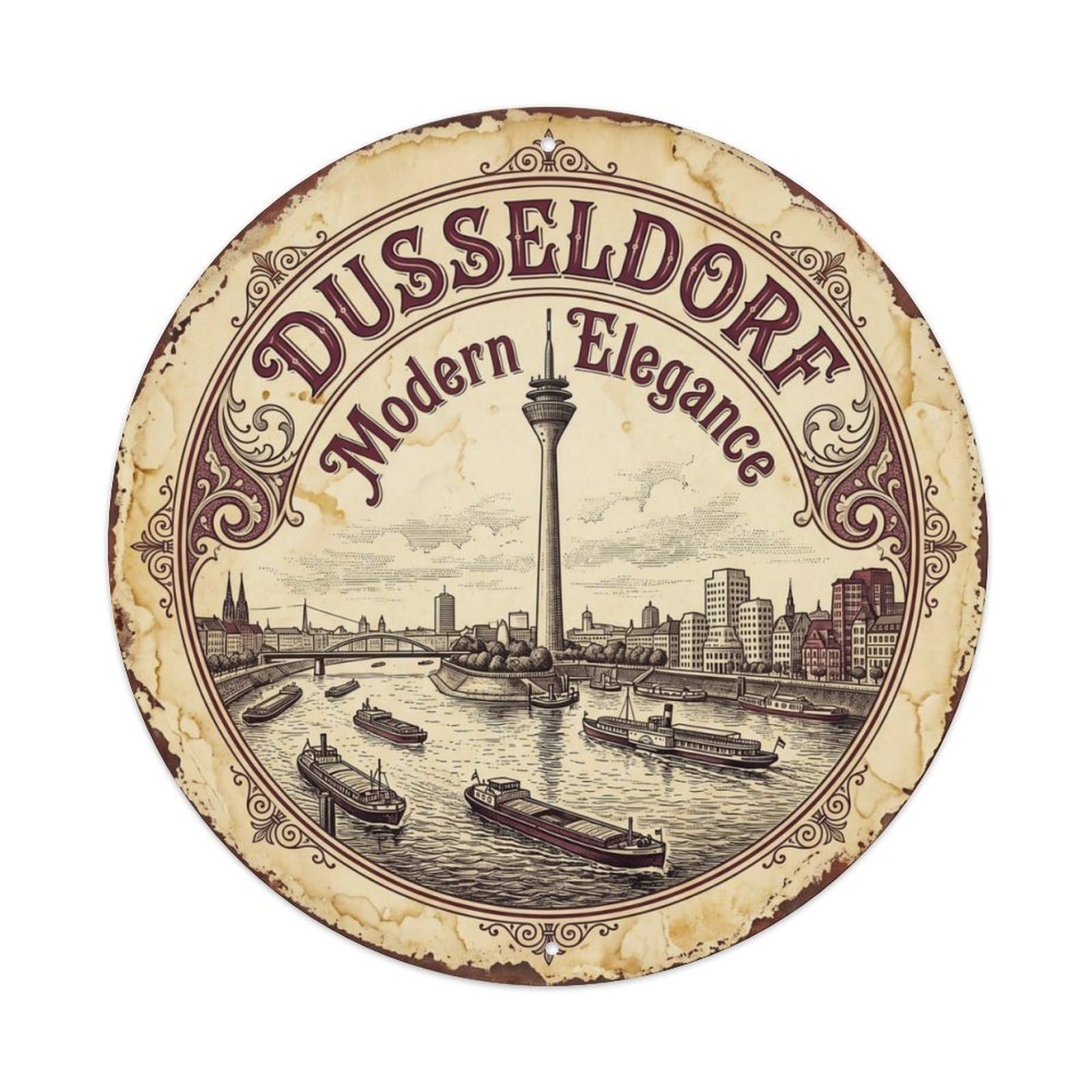 Vintage Travel Dusseldorf Tower Rhine Metal Tin Sign Plaque Wall Decor for Cafe, Club Bar, Office, Home Garden Round Metal Poster 8x8Inch