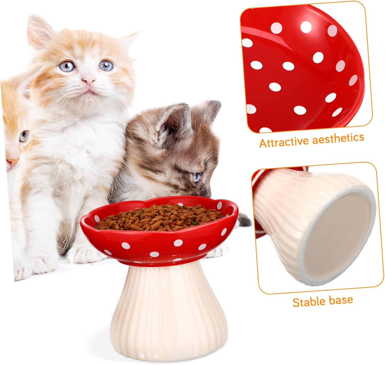 Vaguelly Elevated Ceramic Cat Bowl Stable High Cat Feeder Wide Base Mushroom Design for Comfortable Dining Prevents Whisker Fatigue Easy to Pet Dish