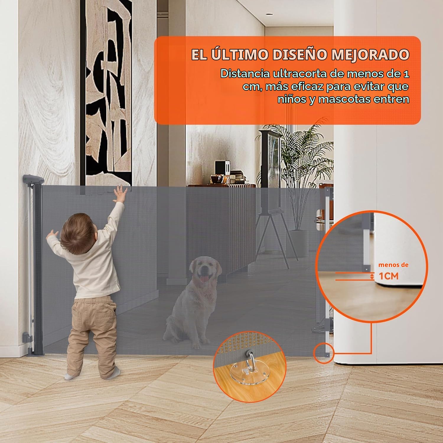 0-300cm Barrera de Seguridad Bebés Extensible, Apertura con Una Sola Mano | 87cm Altura Retractable Barrera de Seguridad para Escaleras, Puerta de Seguridad para Perros para Interiores, Exteriores Gris