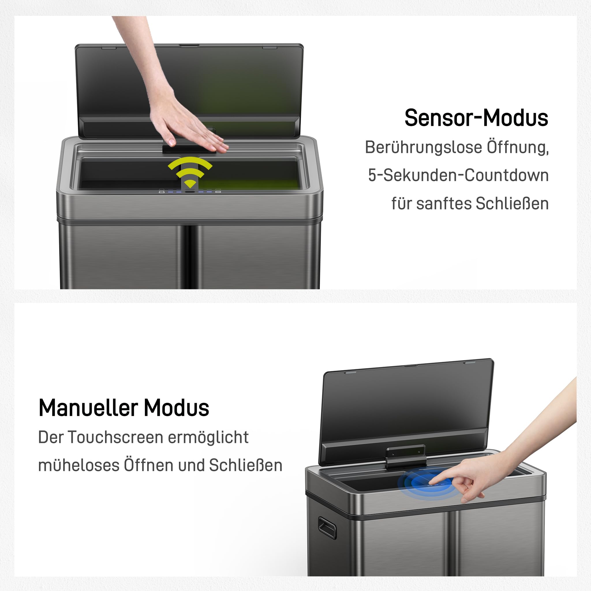 EKO Mirage Plus system segregacji śmieci z 3 przegródkami, 2 x 15 l i 30 l, kosz na śmieci z recyklingu, z czujnikiem, 3 pojemniki wewnętrzne z tworzywa sztucznego, automatyczny kosz na śmieci z