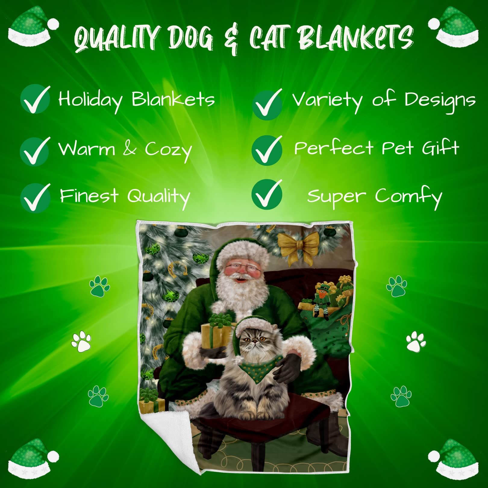 Doggie of the Day Persian Cat Blanket - Christmas Irish Santa with Gift - Super Soft & Warm Pet Theme for Sofa or Bed, Warm Fleece, Sherpa or Woven Material BLNKT141448 (60x80 Fleece)