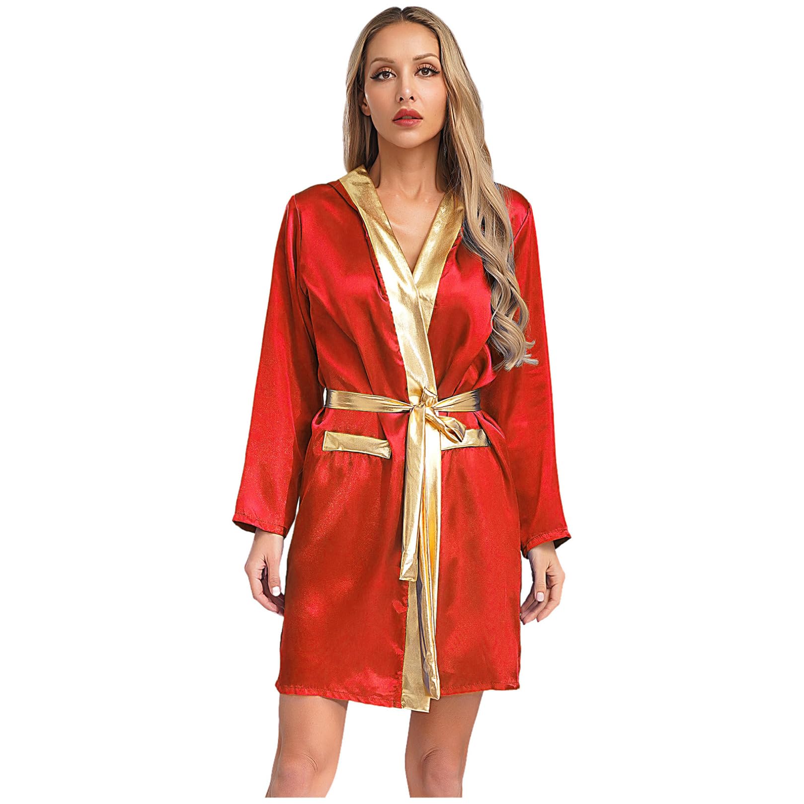 ranrann Boxmantel Damen Satin Kapuzenmantel Kimono Robe mit Taillengürtel Kampfsport Kickboxer Boxer Kostüm Mottoparty Fasching