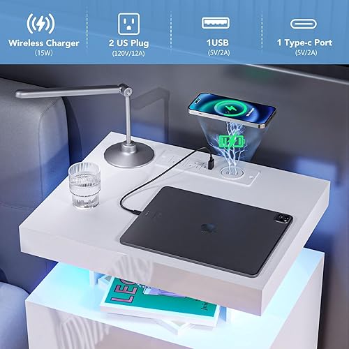 Miniatura 3 de HOMMPA Mesita de noche LED con estación de carga inalámbrica y puertos USB, soporte de noche de 3 cajones con luz LED RGB de brillo ajustable,