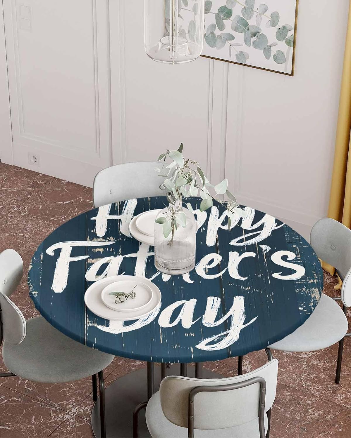 Fitted Round Tablecloths Table Covers 36-44in,Happy Father's Day Quote Wood Waterproof Elastic Edged Table Cloth for Kitchen Dining Holiday Party Tables Decor,Retro Navy Blue Wooden Plank