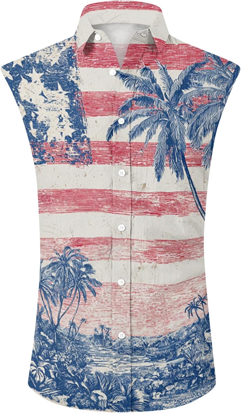 RTRDE Men's Casual Button Down Shirts Sleeveless 4th of July American Flag Print Tank Top Summer Casual Beach Shirt