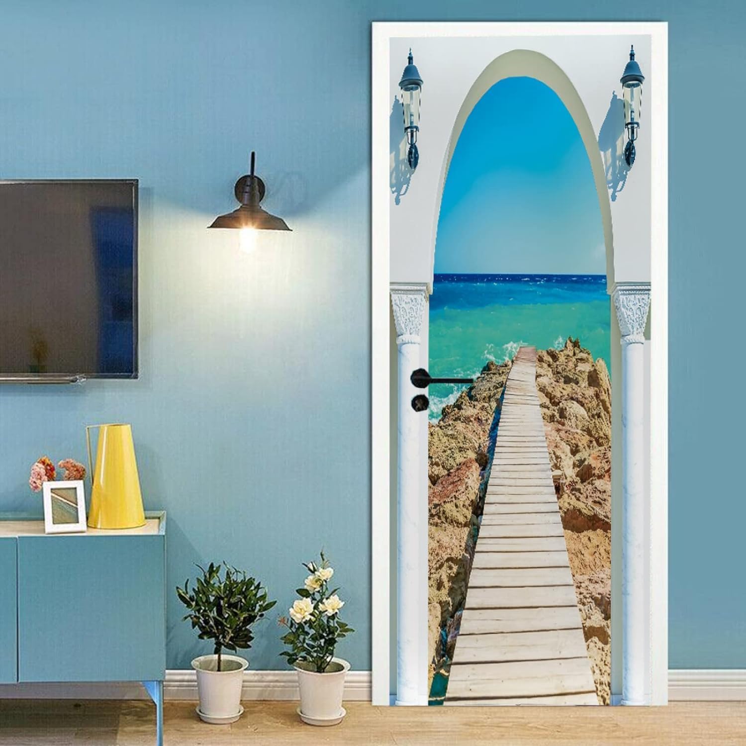 Modern Arch Door Door Stickers for Interior Doors Seaside Scenery 3D Door Decals Art Sticker Self Adhesive Door Murals for Bedrooms Living Room Bathroom Home Decor G645?90x200 cm?