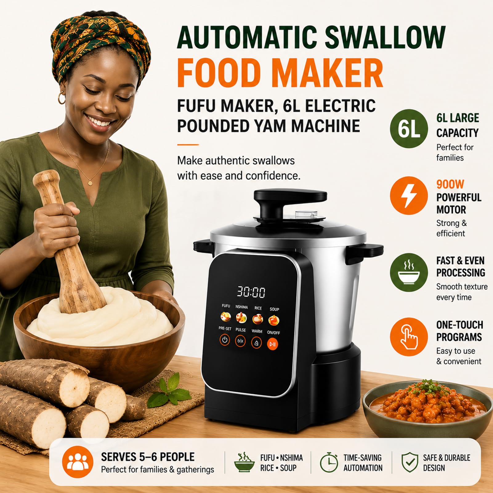 900W Automatischer Fufu Maker, 6L Fufu & Yam Stampfer Maschine