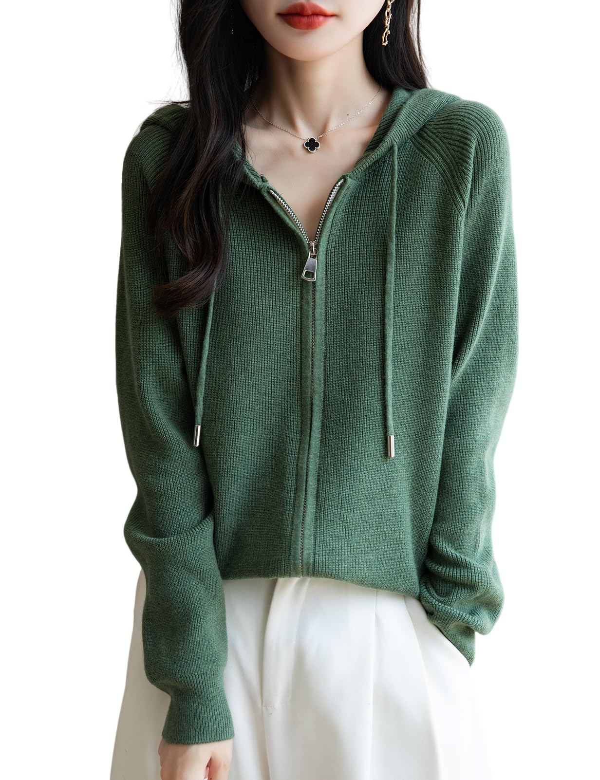 Womens Merino Wool Blend Cardigan 2025 Fall Winter Casual Zipper Sweatshirt Long Sleeve Ribbed Knit Hooded Cardigan