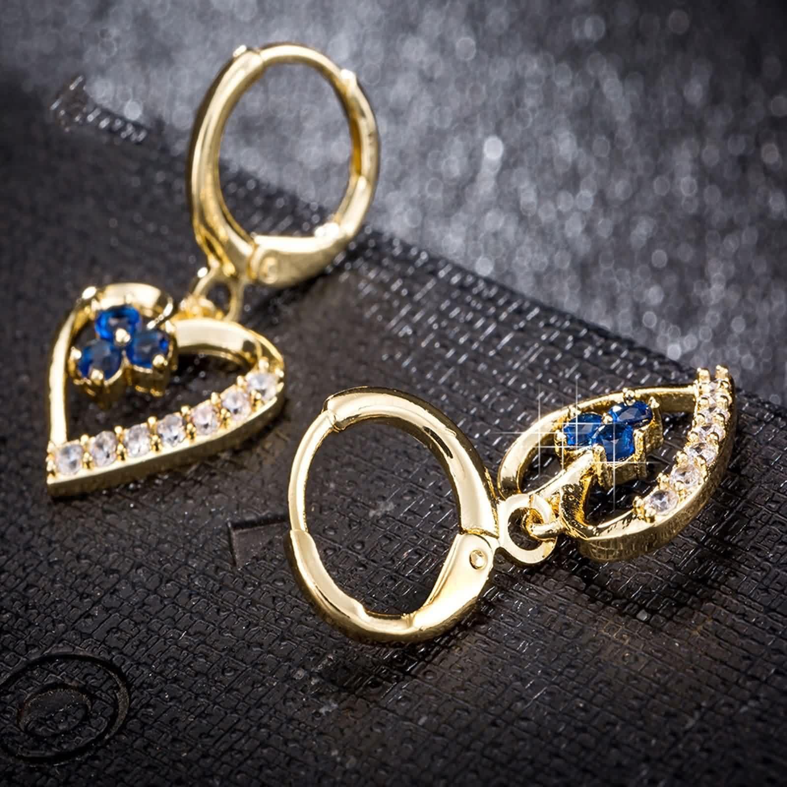 AMDXD Pendientes de aro para mujer de oro de 18 quilates, pendientes de aro con corazón hueco con zafiro azul, laboratorio creado en laboratorio, pendientes pequeños Au 750