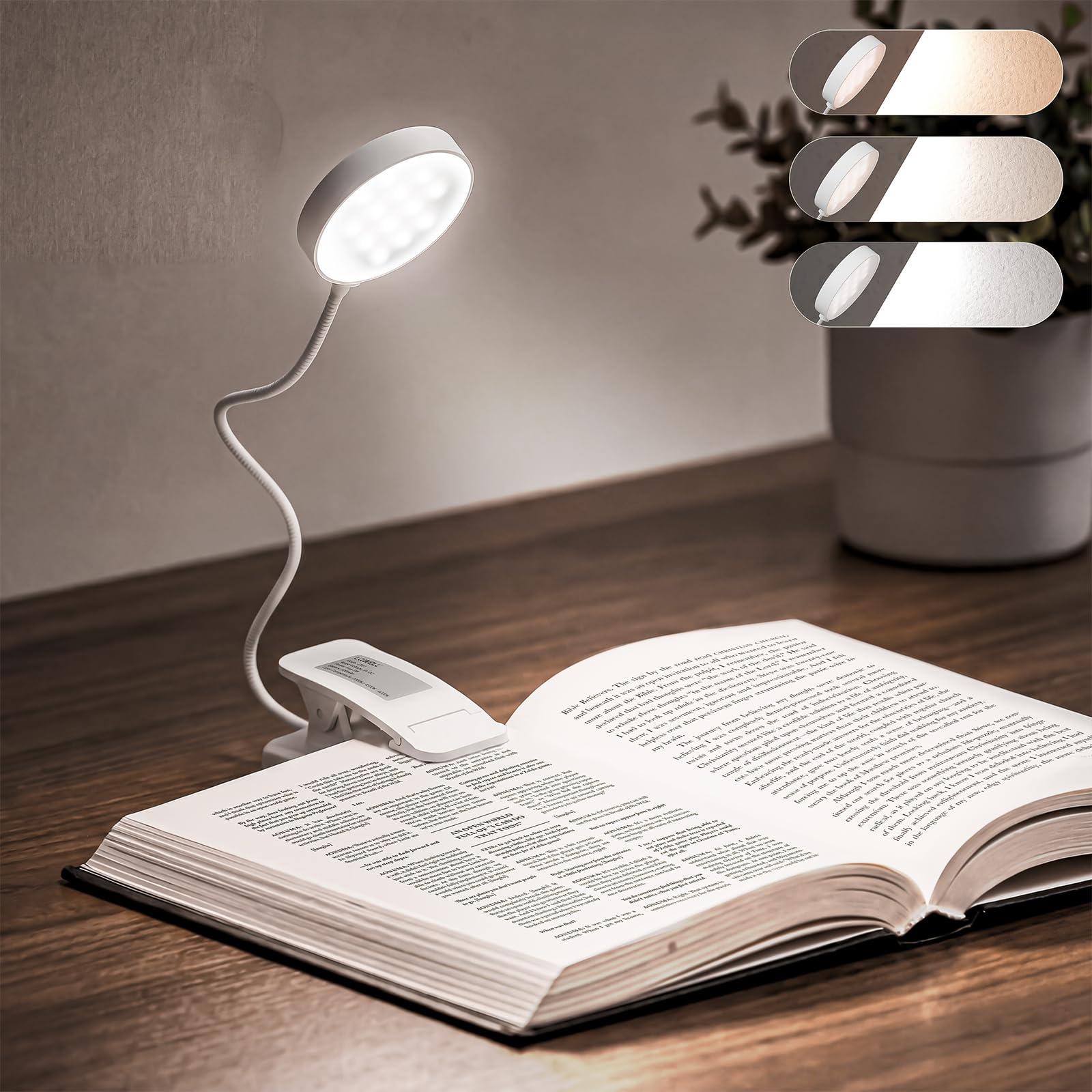 LQWELL® 31 LED Luz de Lectura, Luz de Lectura Recargable USB, 3 Temperaturas de Color, Atenuación Continua, Ángulo Flexible de 360° (Blanco, 1 Pieza)