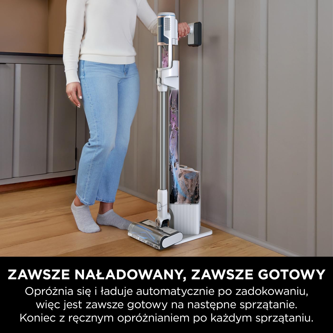 Shark Clean & Empty Bezprzewodowy odkurzacz z automatycznym systemem opróżniania, czas pracy 40 min, Anti Hair Wrap, akcesoria do sierści i szczelin, stacja ładująca, biało/niebieski, BU3521EU