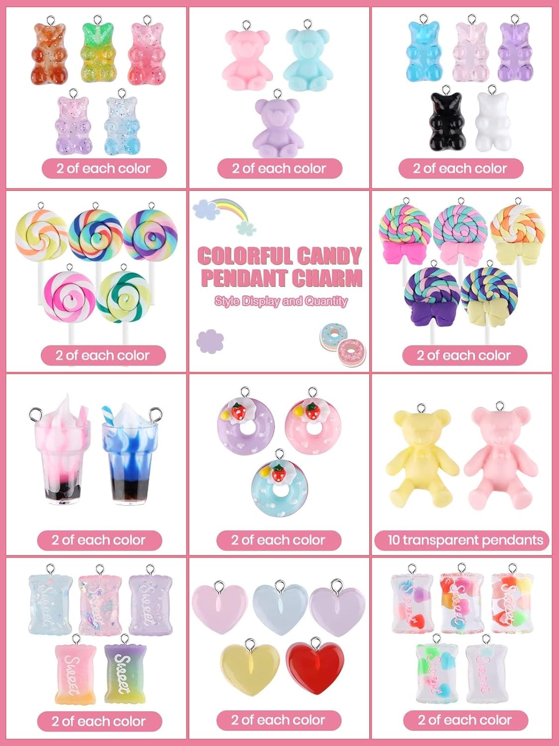 Kalolary 90PCS Candy Pendant Charms Colorful Polymer Clay Sweet Lollipop Charms Bear Charm Cute Ice Cream Pendant Ornaments for Women Girls Necklace Bracelet DIY Jewelry Craft
