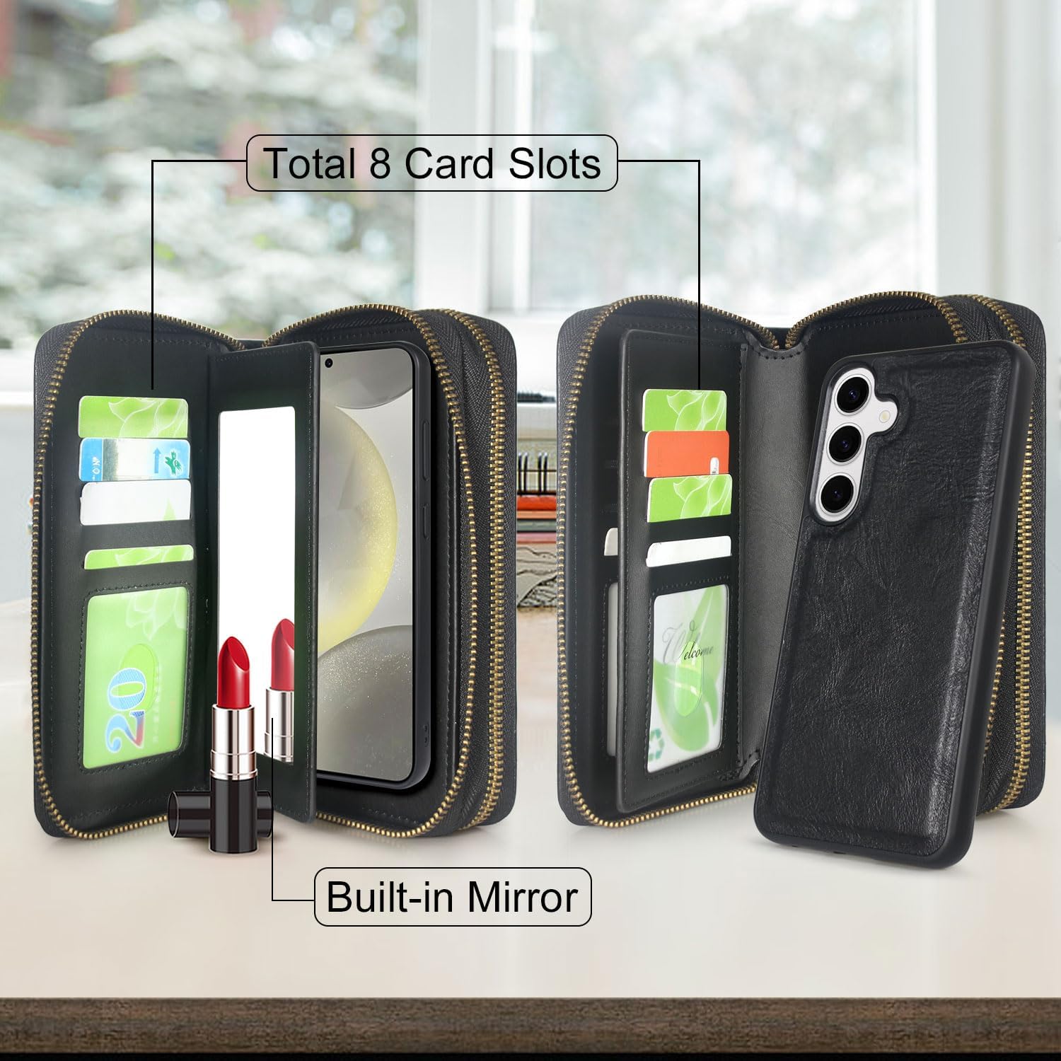 Harryshell Compatible with Samsung Galaxy S25+ Plus Case Wallet Multi Zipper Detachable Removable Cover Purse with Card Slots Holder Mirror Crossbody Wrist Strap for 6.7 inch (Black)