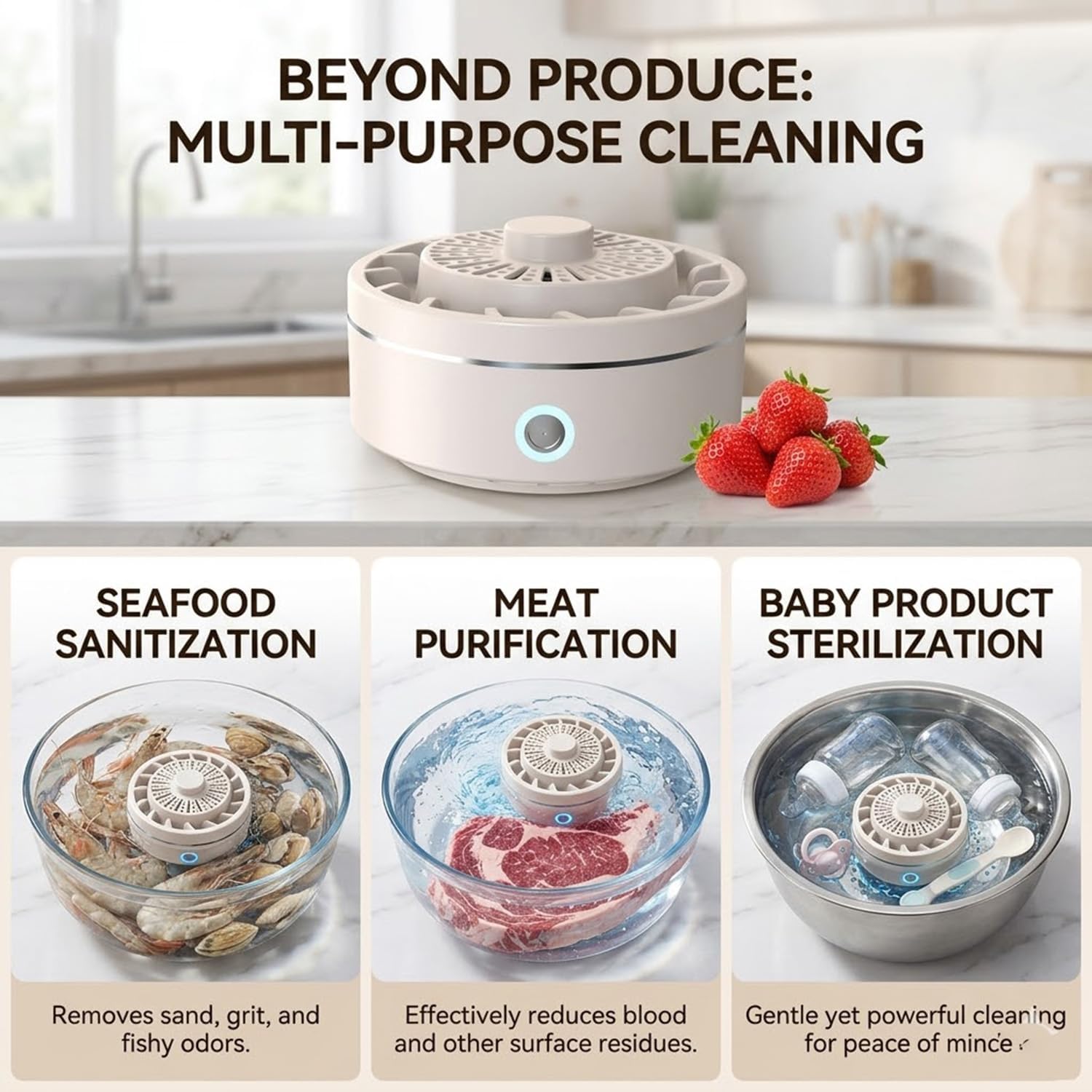 Fruit and Vegetable Washing Machine, Portable Water-Activated Produce Purifier, Deep Vortex Rotating Flow for Fruit, Meat, Seafood (Blue)