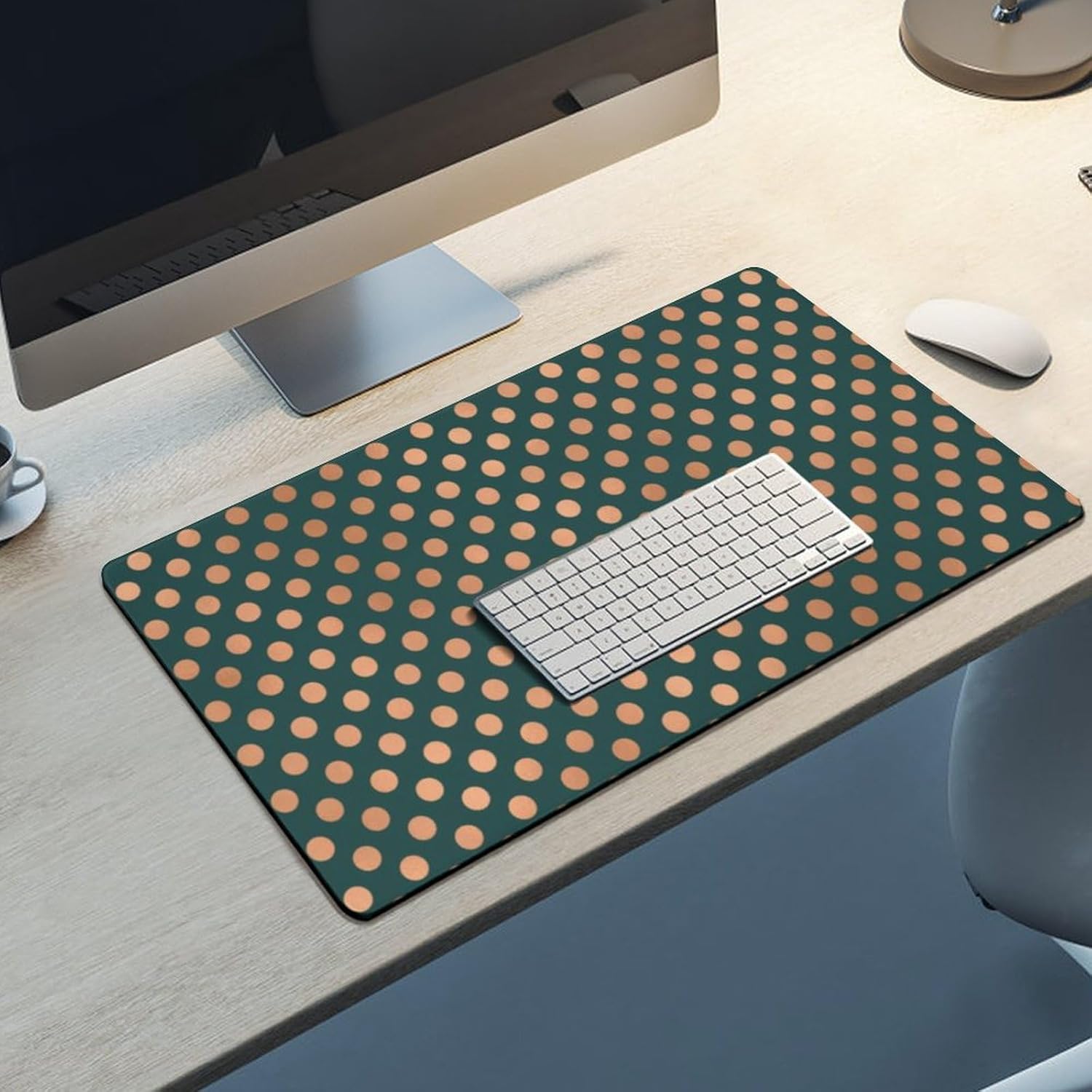 Desk Mat Large Mouse Pads, Polka Dots Rose Gold Blush Teal Green Desk Pad with Stitched Edges Writing Mat for Computer Laptop, Office Desktop & Gamer Keyboard 16 x 30inch