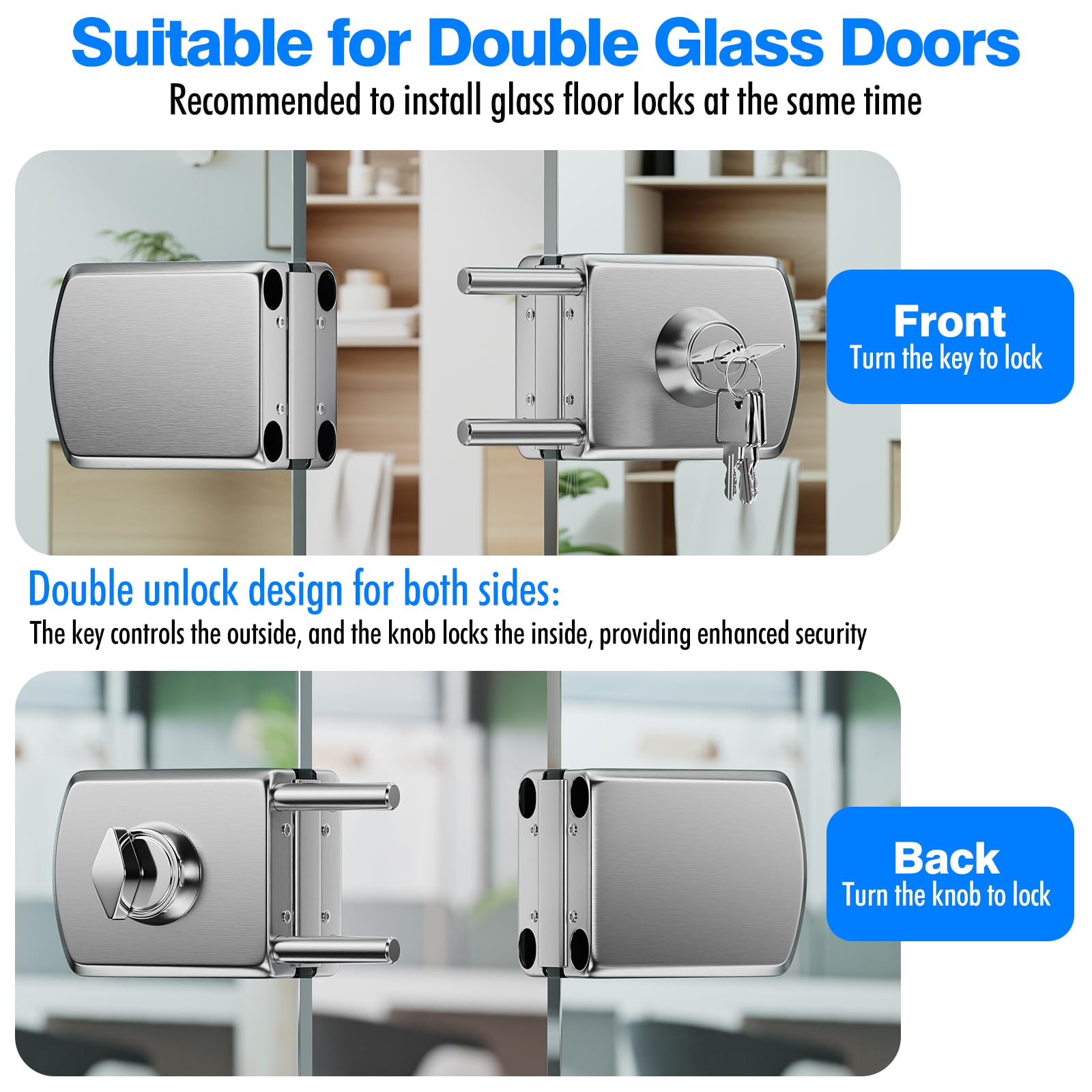 Serrure pour Porte en Verre Sans Perçage en Acier Inoxydable 304, Finition Nickel Brossé, Double Verrouillage Clé et Bouton, Sécurité Renforcée pour Verre Trempé 10–12 mm, Maison Bureau Salle de Bain