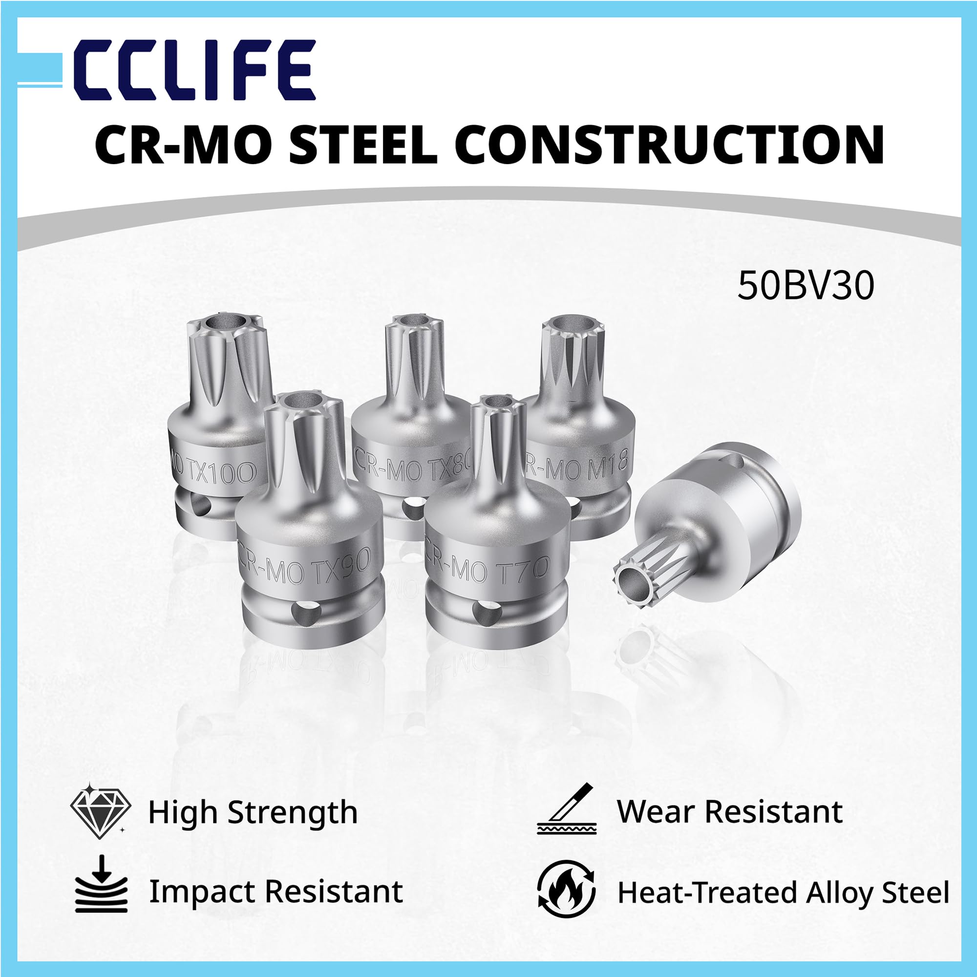 CCLIFE Torx zestaw kluczy nasadowych 3/4 cala, 6-częściowy T70-T100 M16-M18, metalowa kaseta do warsztatu i konserwacji samochodu, stal Cr-Mo