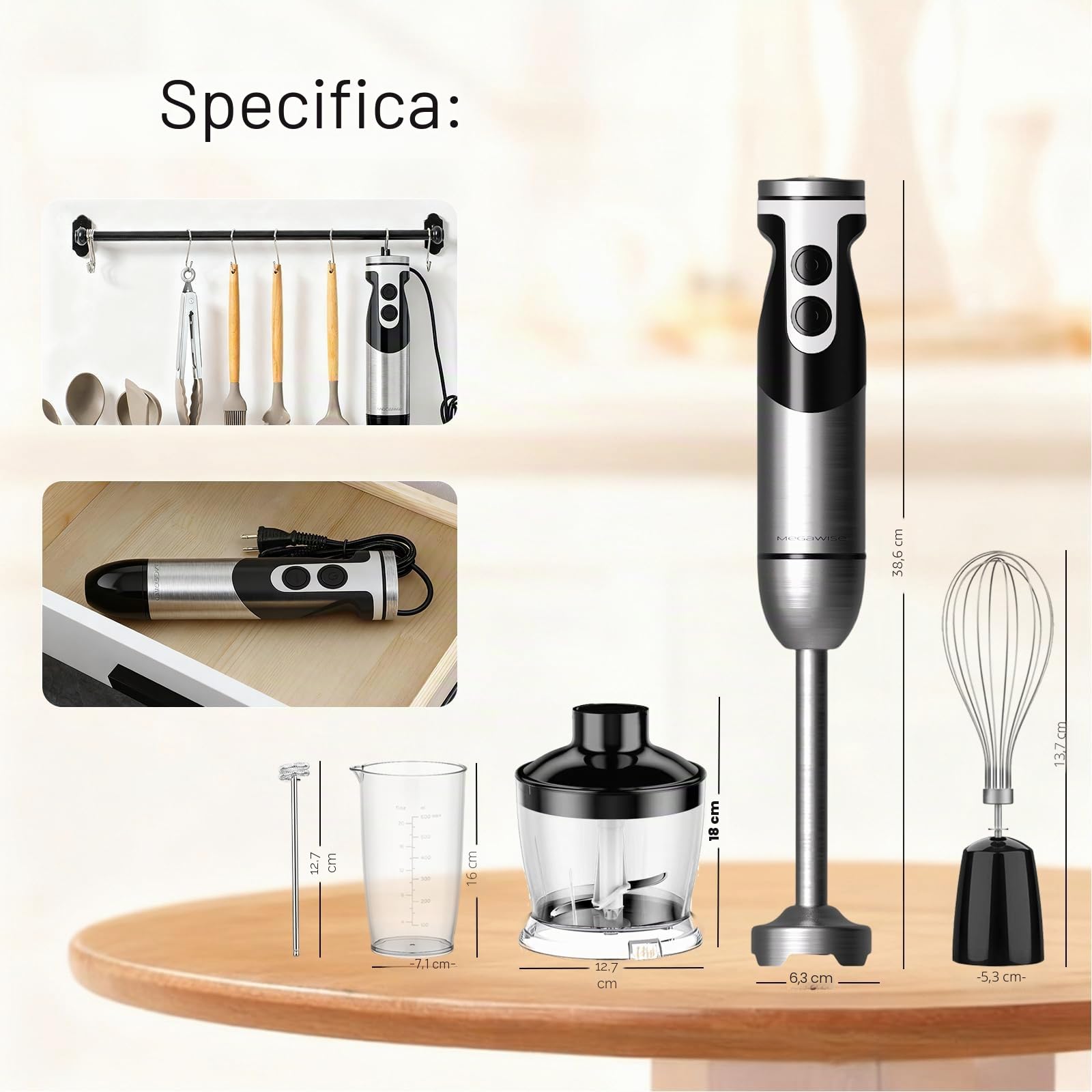 Frullatore a immersione MegaWise Pro Titanium Reinforced 5 in 1, potente 400 W con lame più affilate dell'80%, frullatore con cavo a 12 velocità (nero)