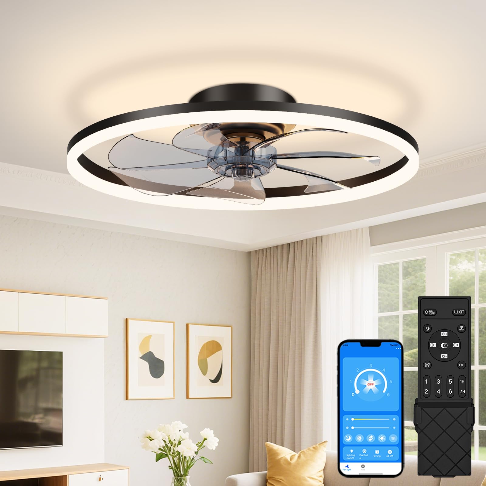 Photo 1 of ** sold as is no refund/return**
VOLISUN Low Profile Ceiling Fans with Light and Remote, No Assembly, 19.7in Bladeless Ceiling Fan with Lights,3000K-6500K Dimmable Flush Mount LED Fan Light,Black Fandelier Ceiling Fans for Bedroom