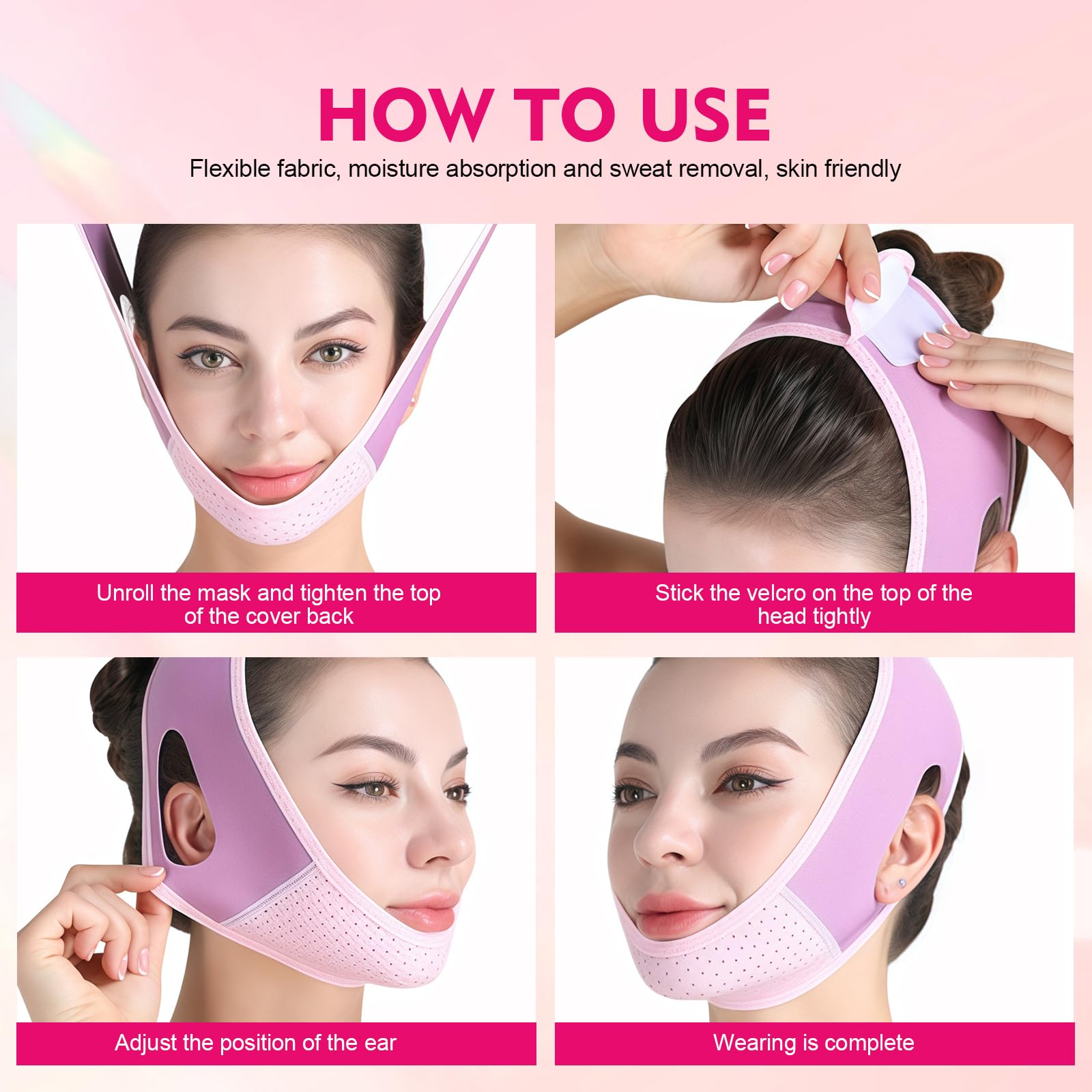 Mascarilla V Facial Reutilizable,Reductor de Papada Lifting,Banda Reafirmante Facial Transpirable para Afinar el Rostro,Cinturón Lifting para Mandíbula y Mejillas Caídas,Pink