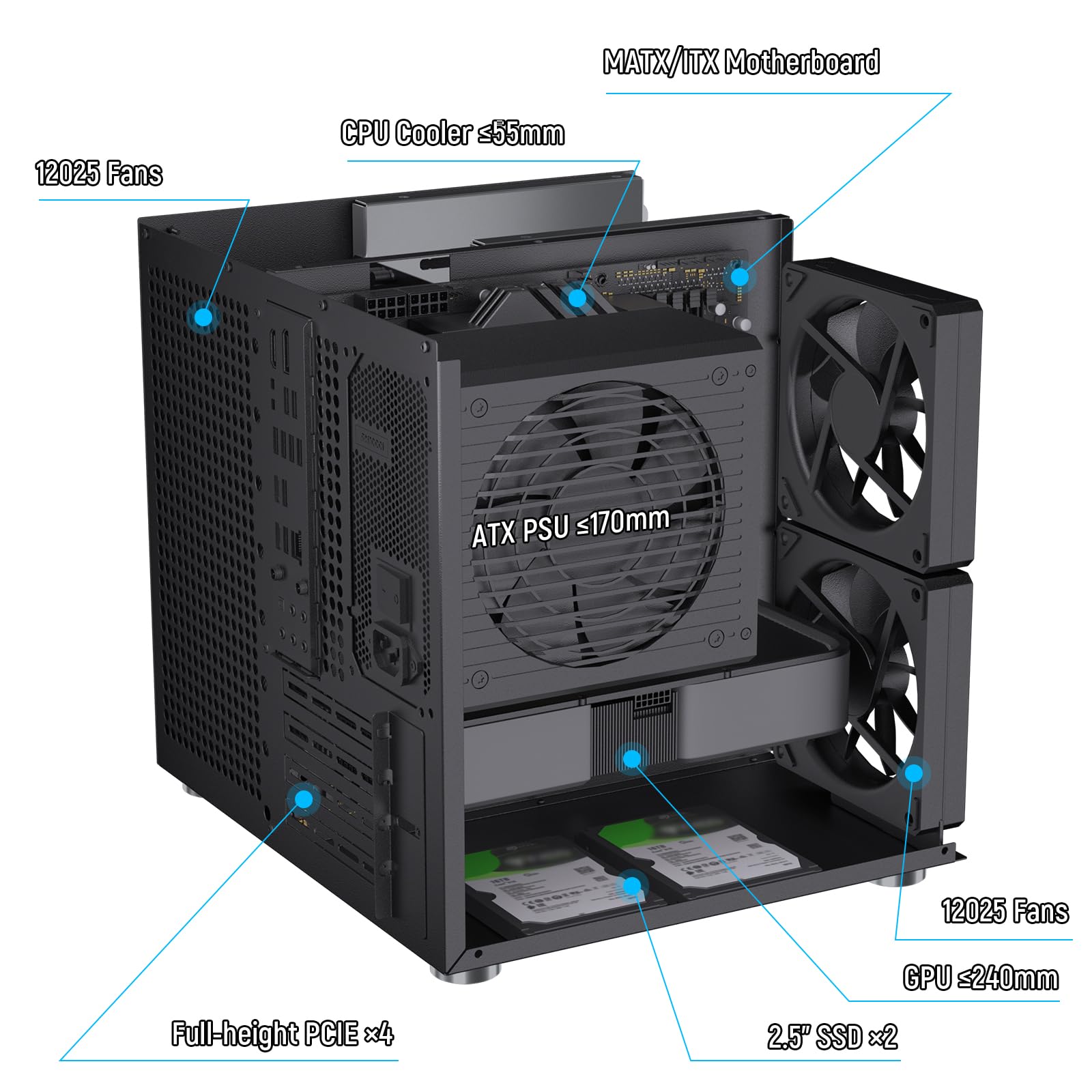 Boîtier NAS 8 baies, compatible avec carte mère MATX ITX et bloc d'alimentation ATX, compatible SATA et SAS HDD, 8 x 3,5 Hot-Swap + 2 x 2,5 SSD, boîtier PC NAS à double chambre avec 4 ventilateurs